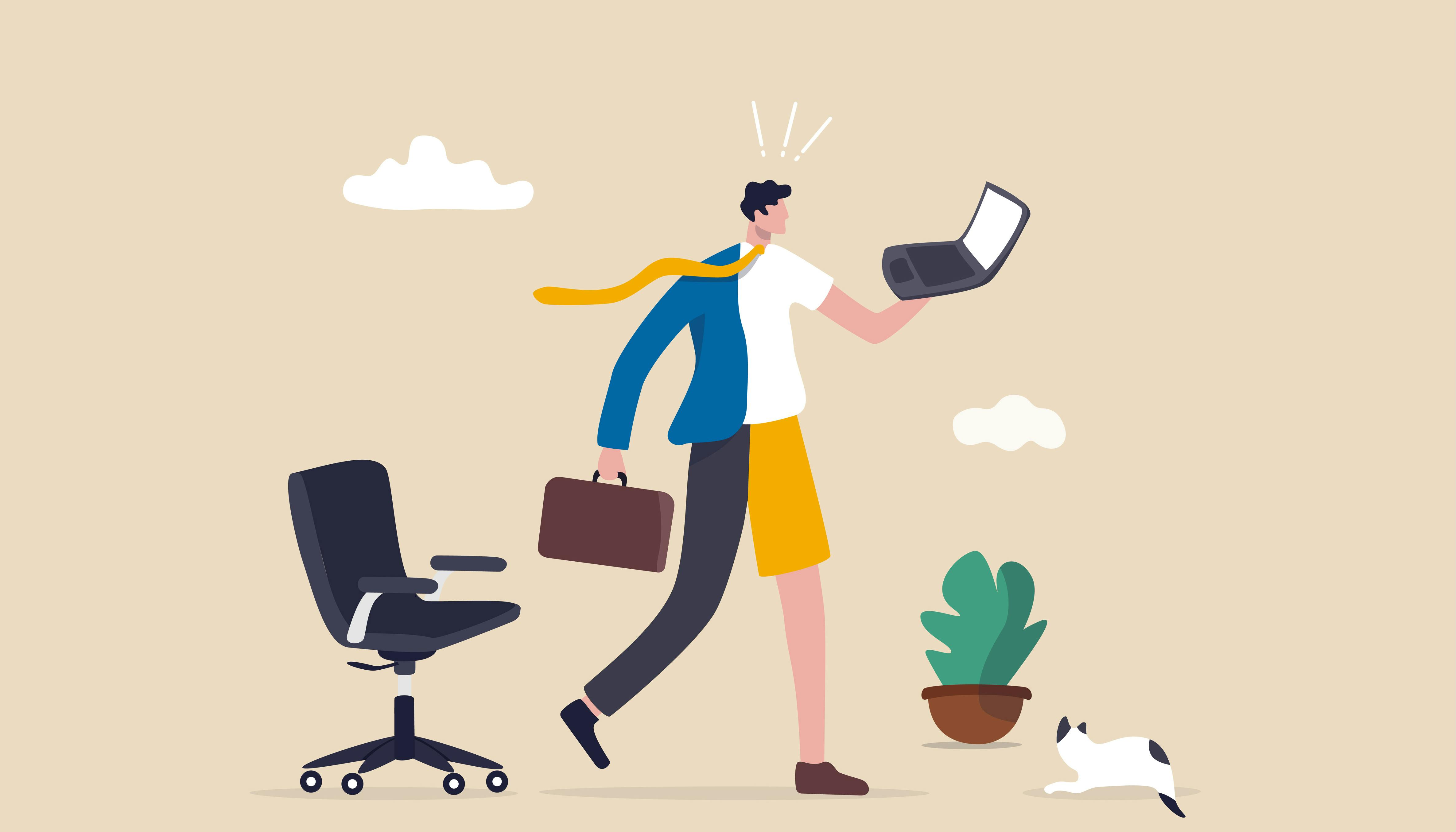 Graphic of worker half working remotely, half working in the office.