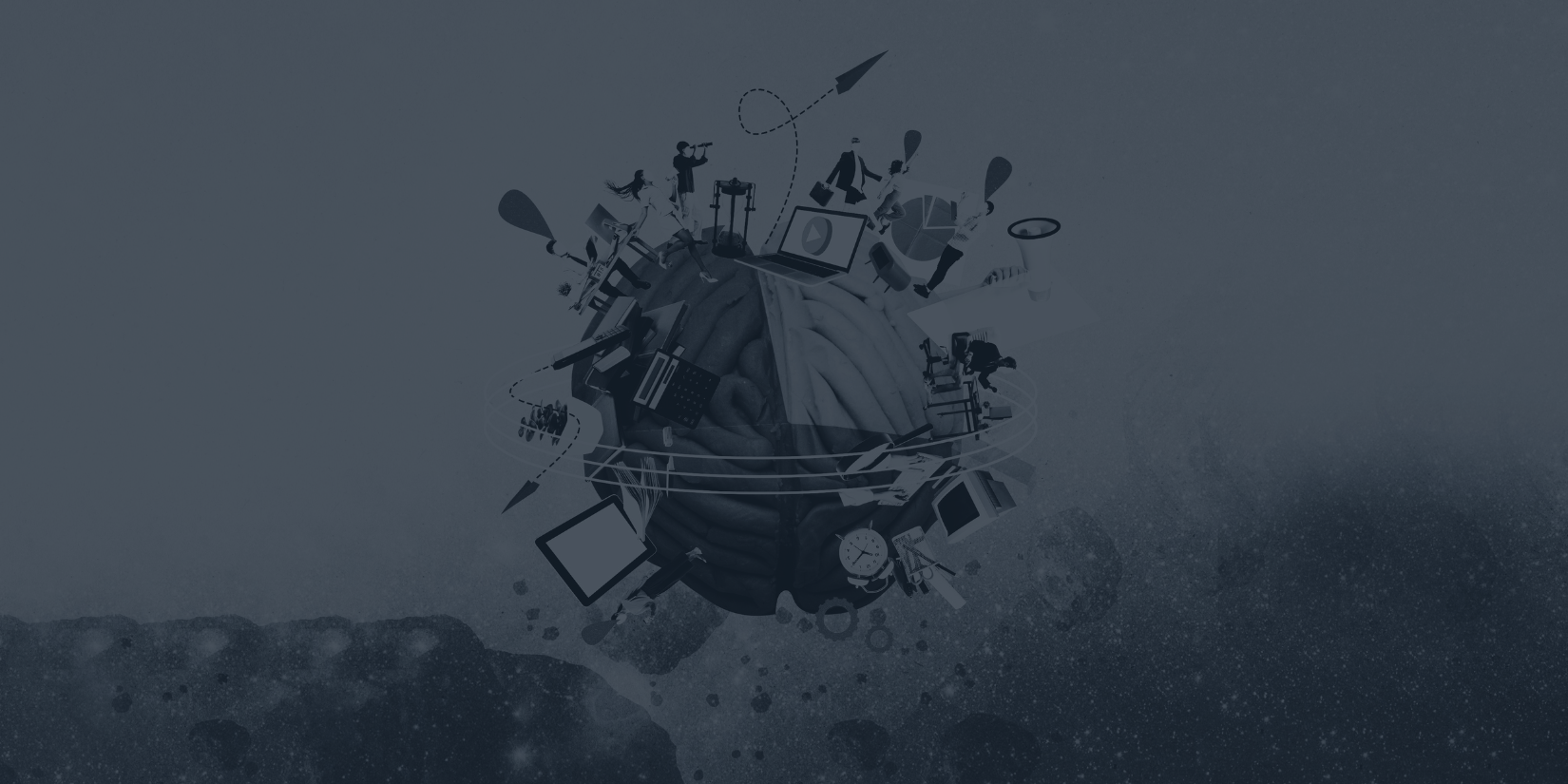 Graphic of laptops and workers on a human brain.