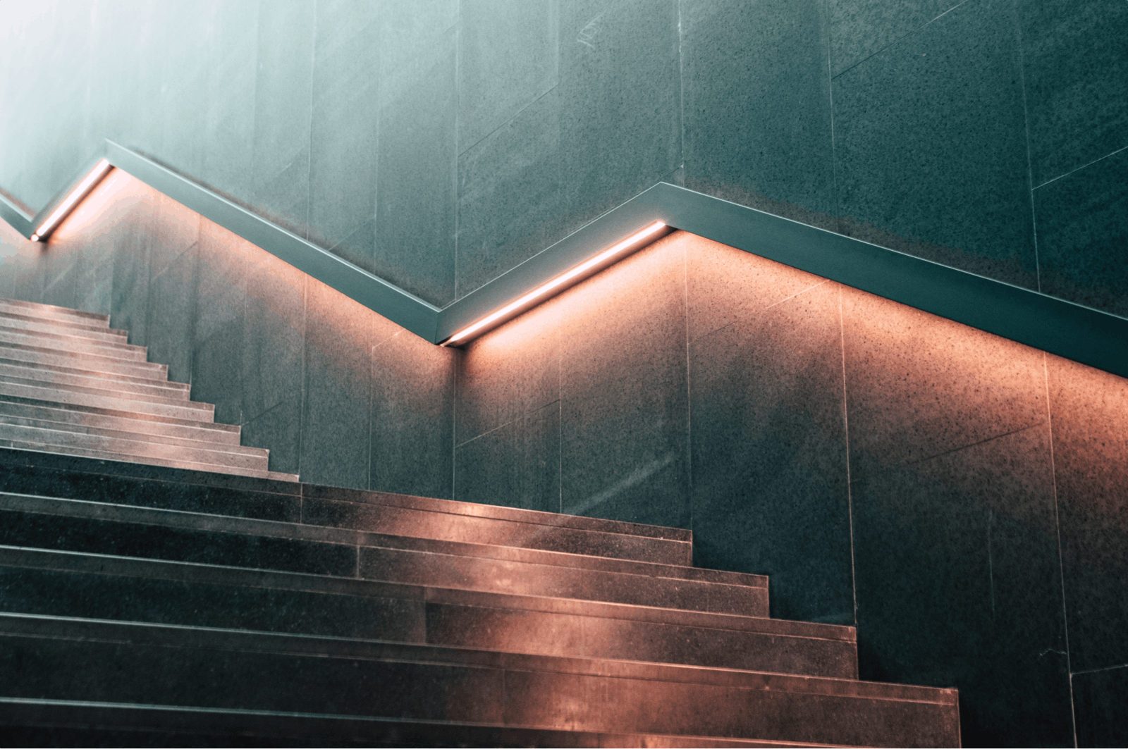 An illuminated stone staircase