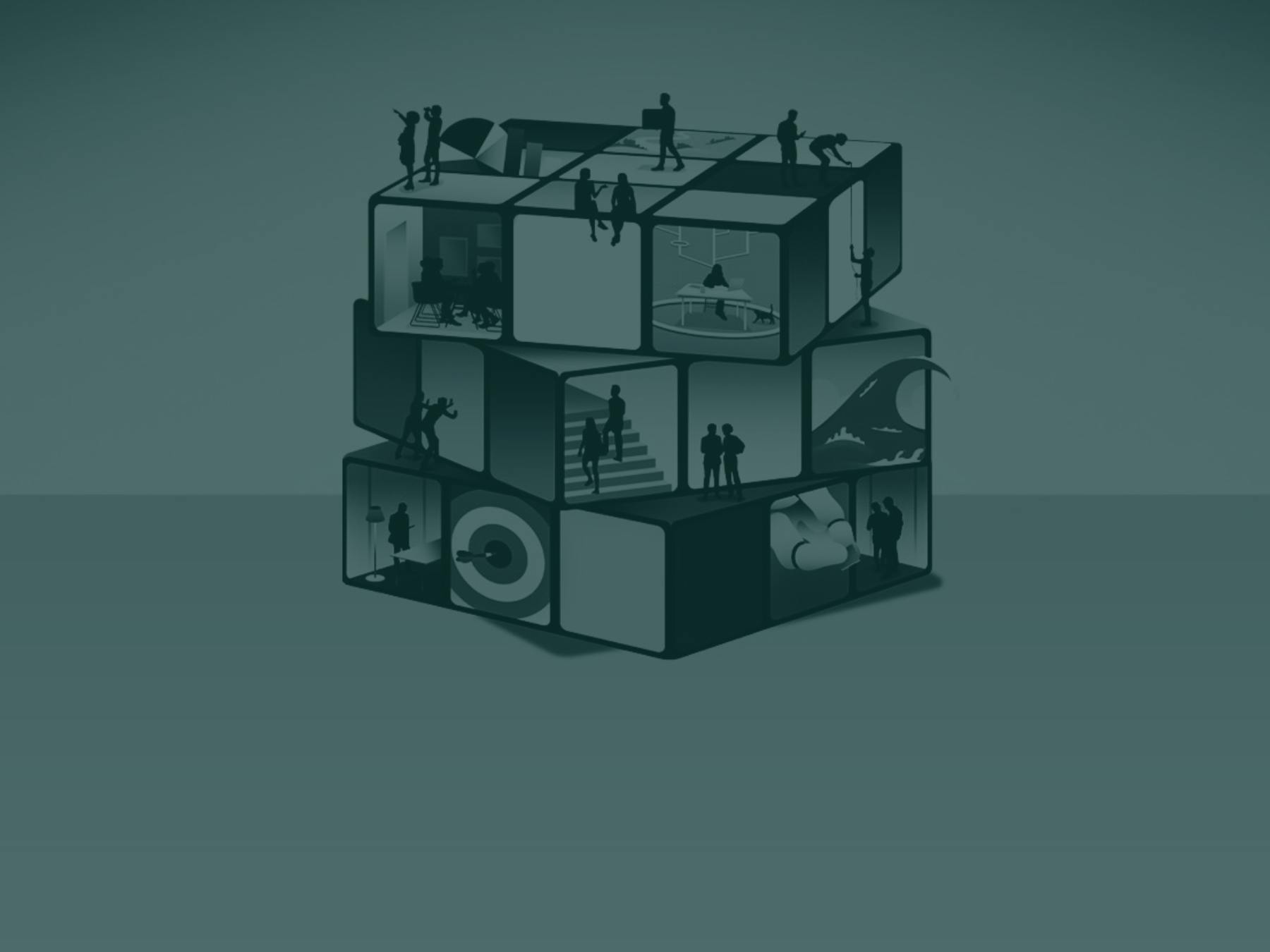 Illustration of a Rubic's cube with images of employees on it.