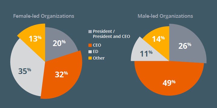A chart comparing executive titles at female-led vs. male-led organizations.