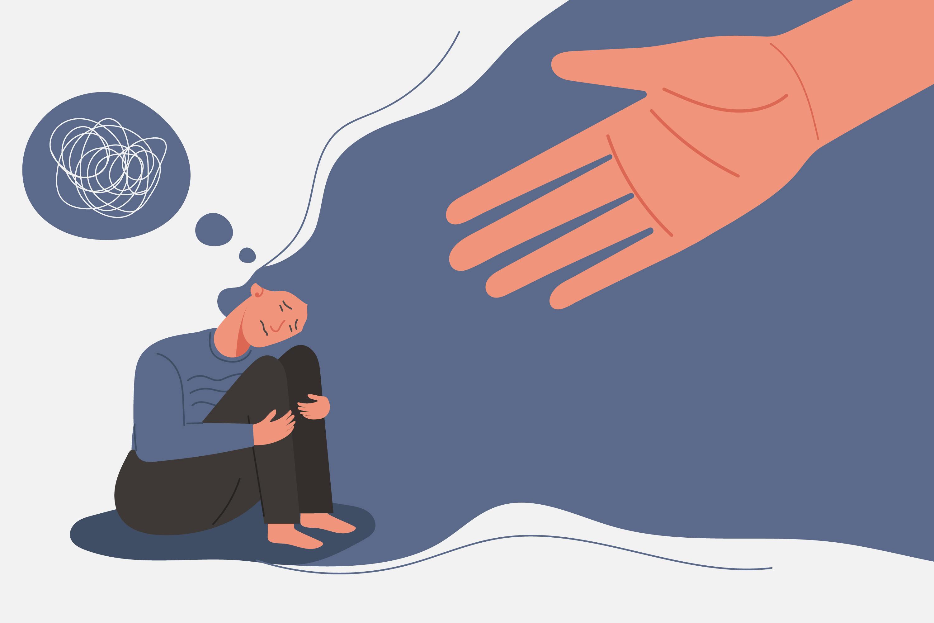 Illustration of an oversized human hand reaching out to help a sad and confused person sitting on the ground and hugging their knees.