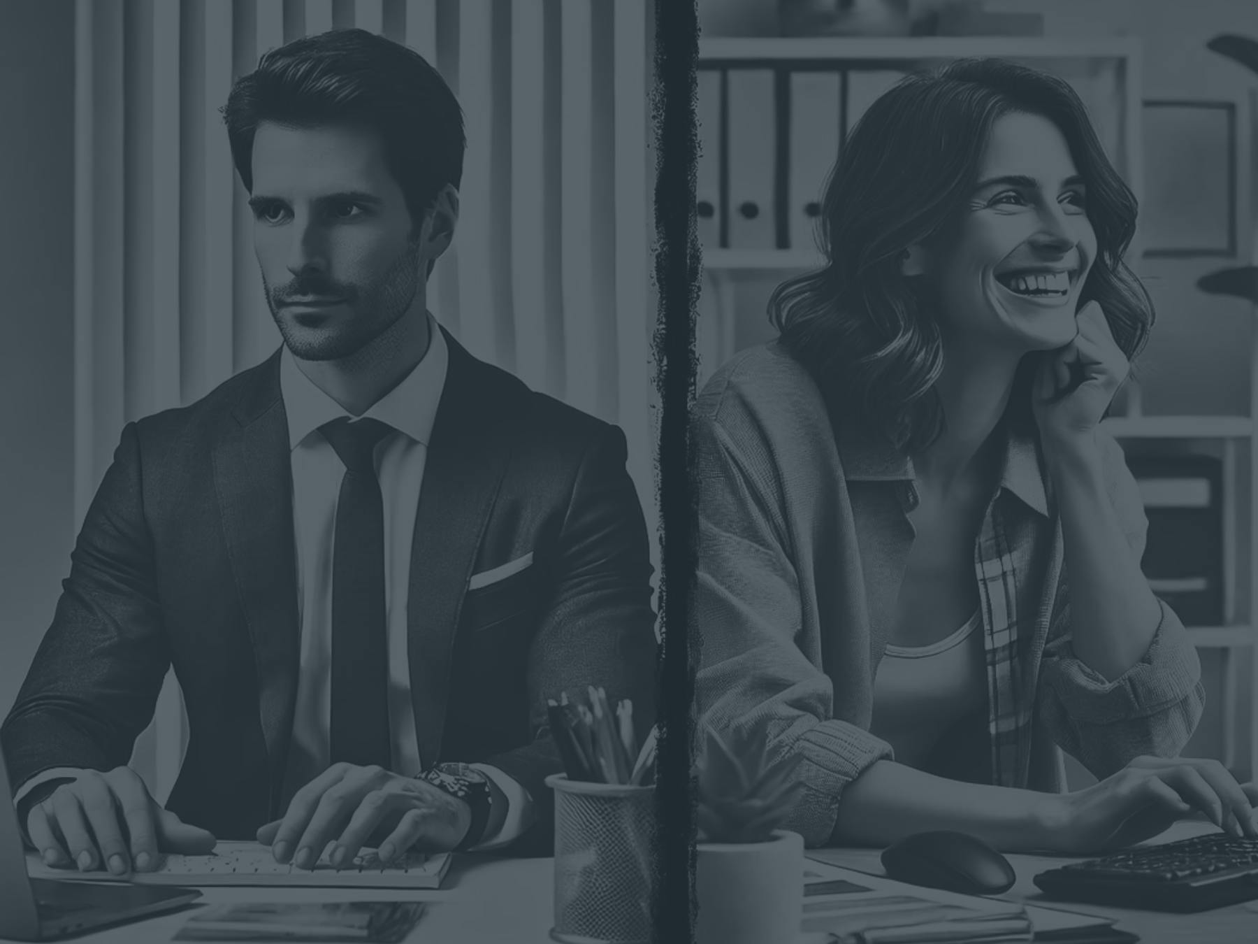 A split-screen image shows a man in a suit typing on a keyboard on the left and a smiling woman casually dressed, also working at a desk, on the right.