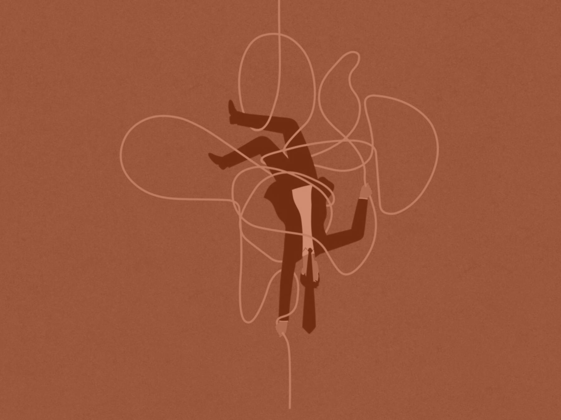 Illustration of a businessperson tangled in a chaotic loop of string while hanging upside down.