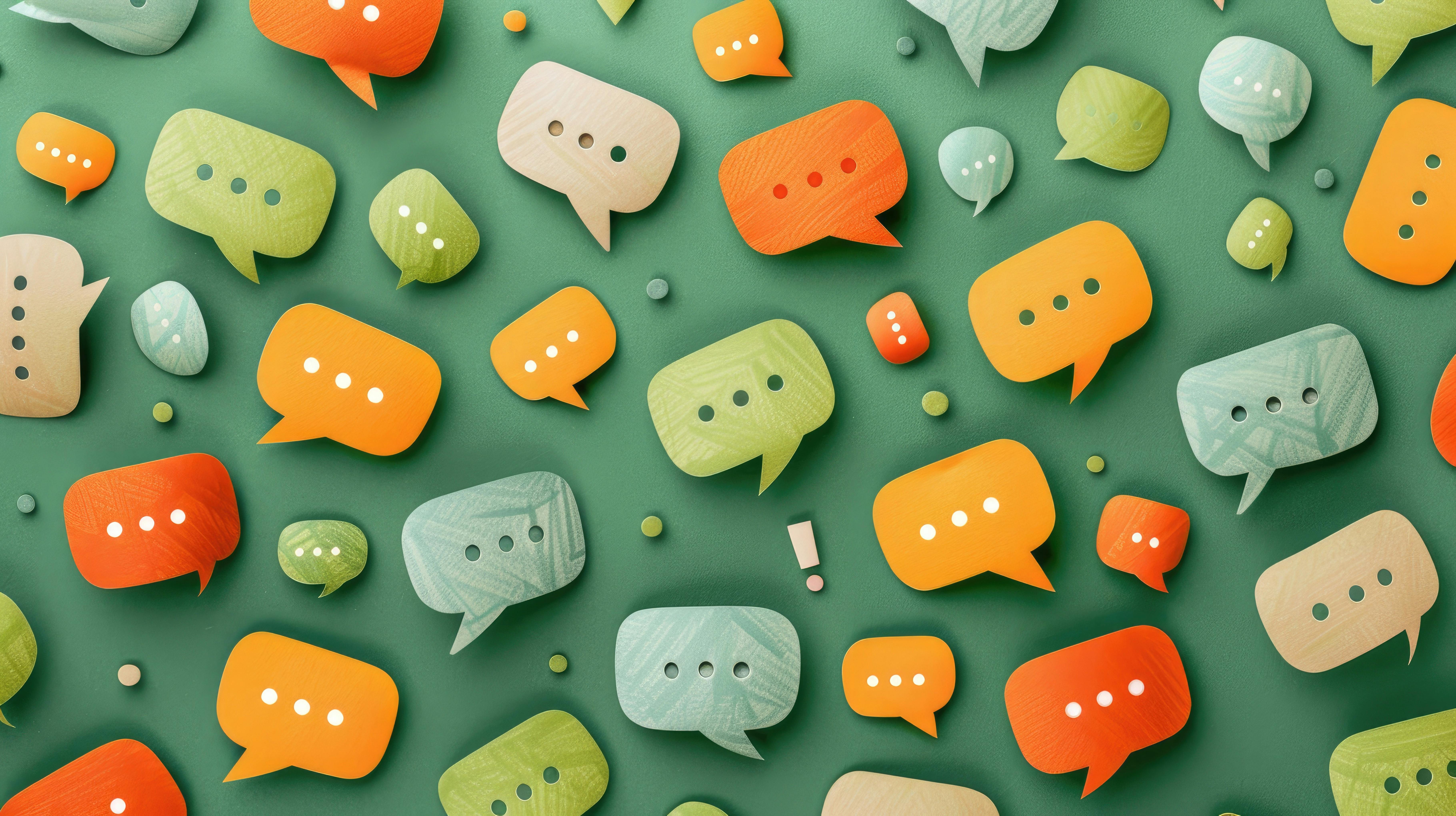 Colorful speech and thought bubbles in orange, green, and teal tones on a green background, symbolizing communication and feedback.