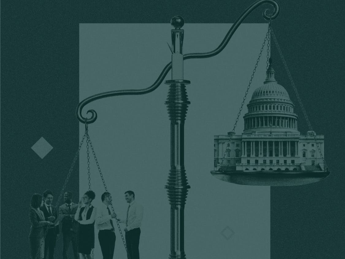 Illustration showing a balance scale with business people on one side and the U.S. Capitol building on the other.