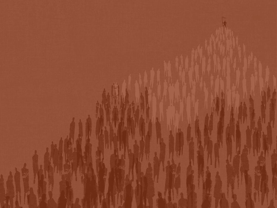 Illustration shows a large crowd arranged in a mountain-like formation, with one figure standing at the peak.