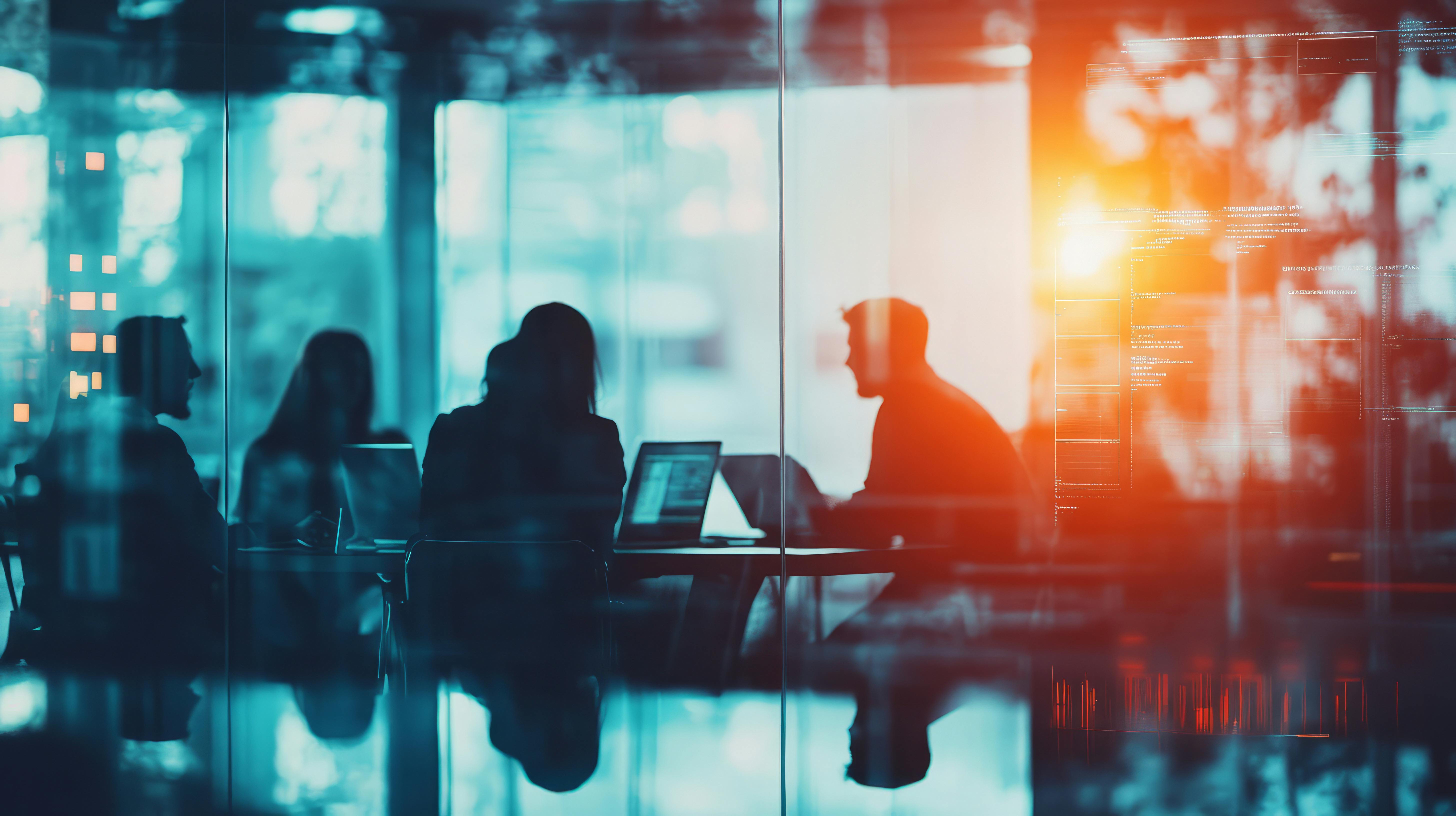 A group of people are silhouetted against a glass-walled conference room.