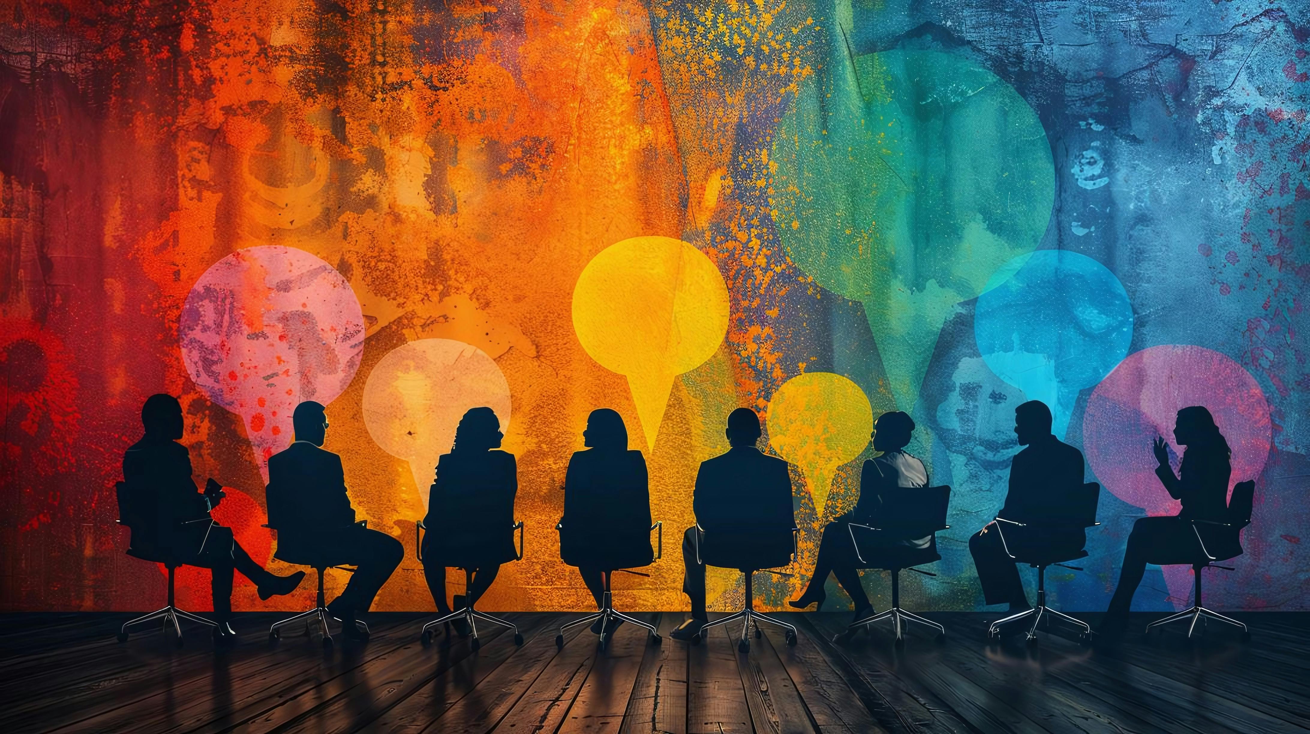 Silhouettes of people seated in a discussion, with colorful speech bubbles on a vibrant abstract background.