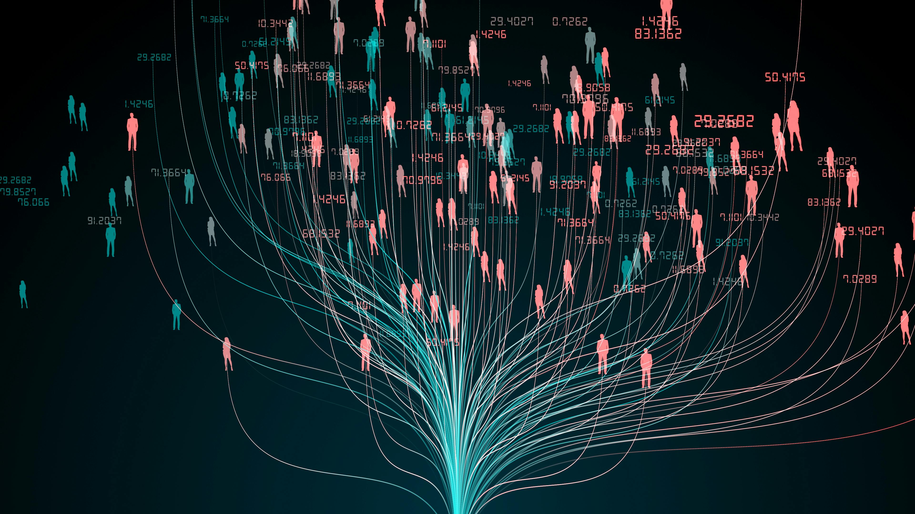 A conceptual digital image depicting data-driven human connections, with silhouettes linked by flowing lines and numerical data.