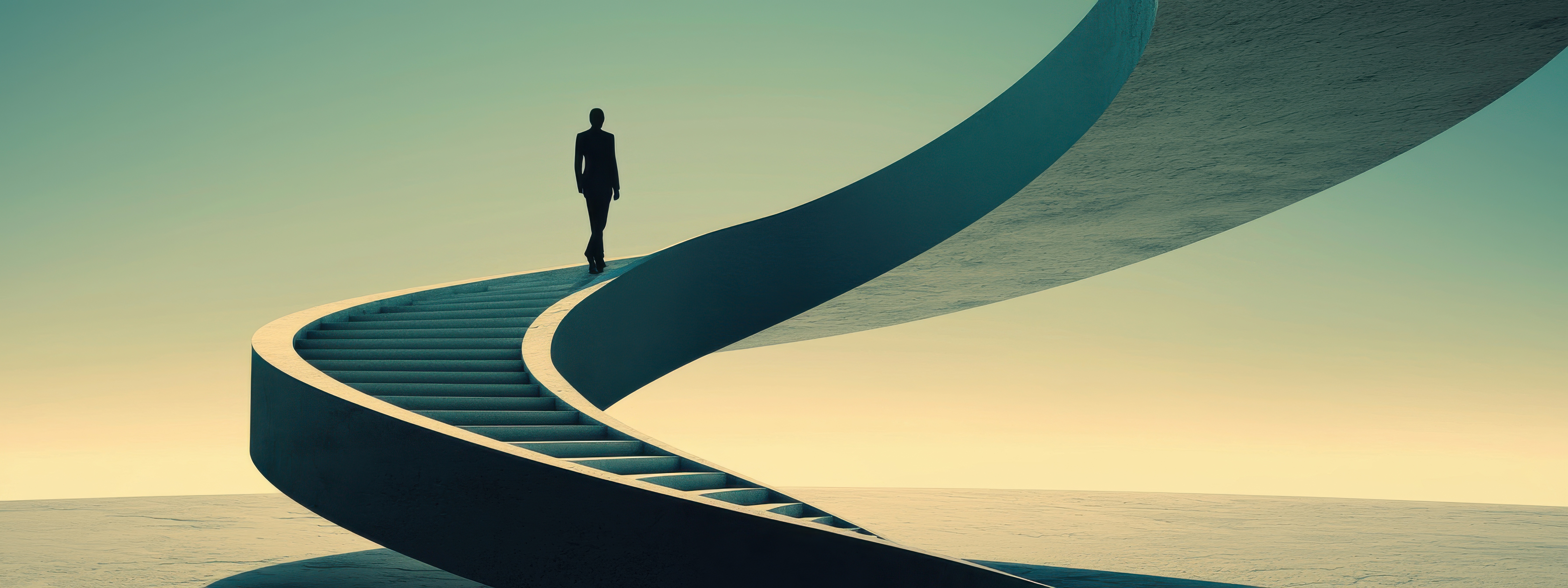 A person walks up a winding staircase.