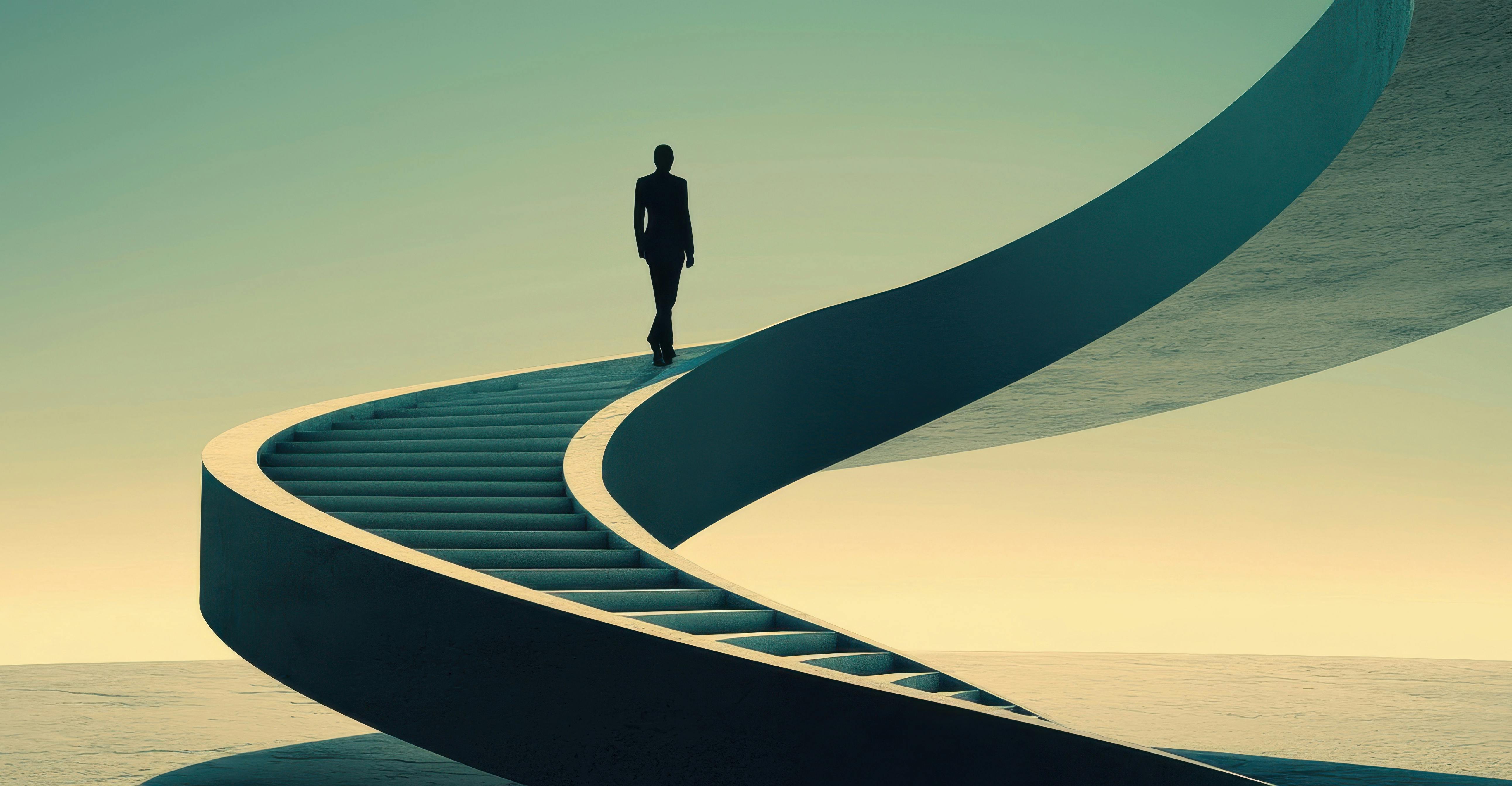 A person walks up a winding staircase.