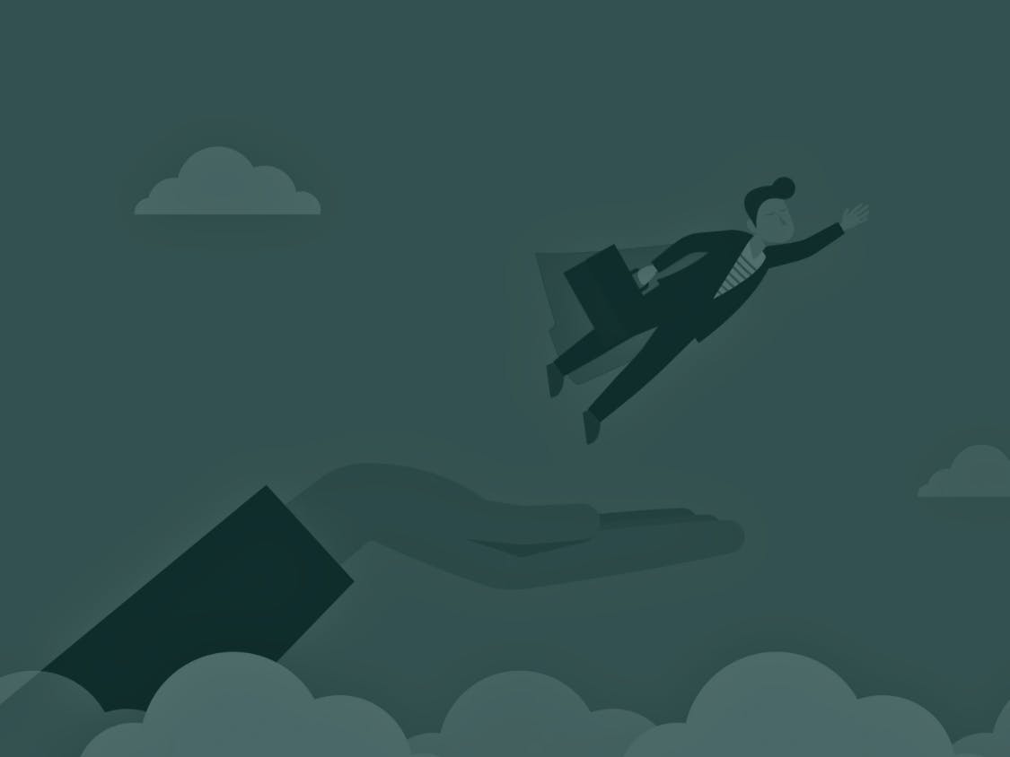 Illustration of a flying worker being supported by a large hand.