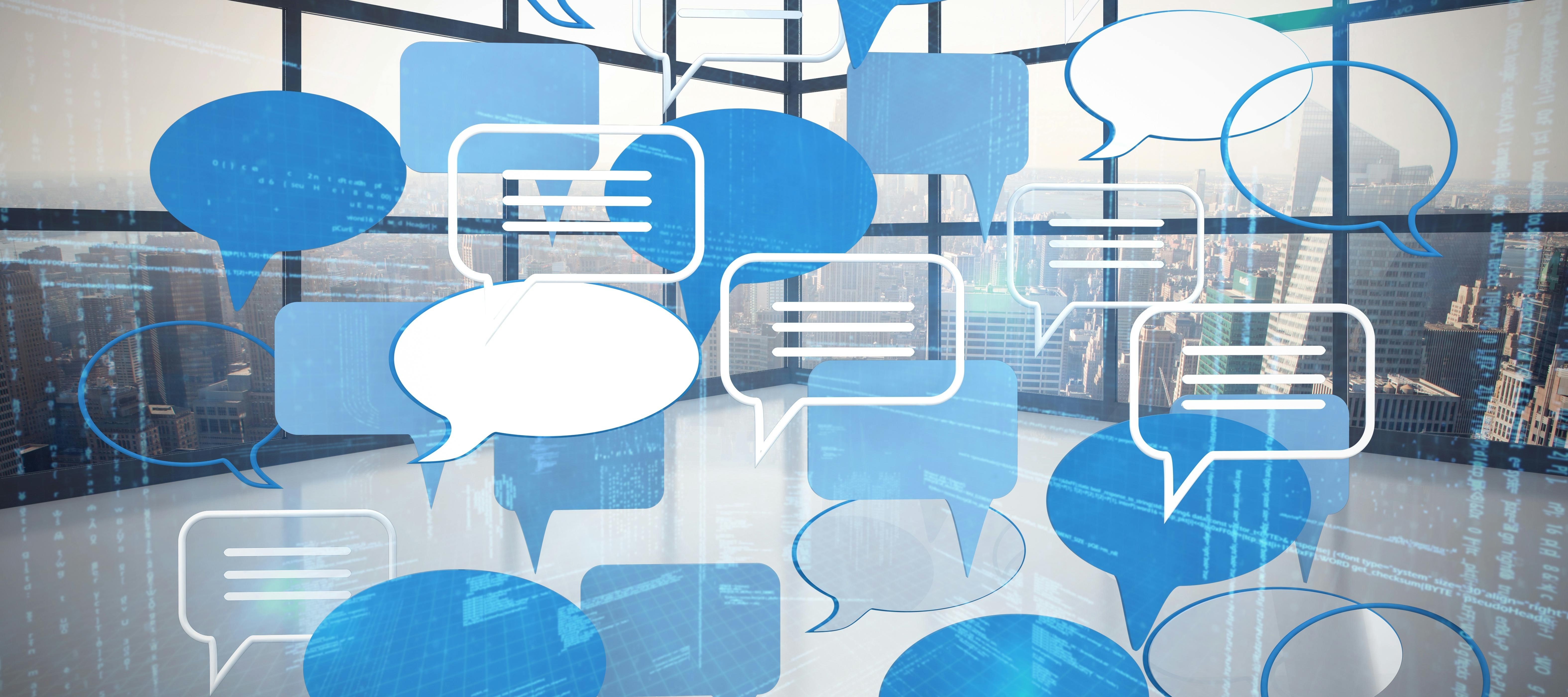 A modern office setting overlaid with various translucent, stylized speech bubbles.