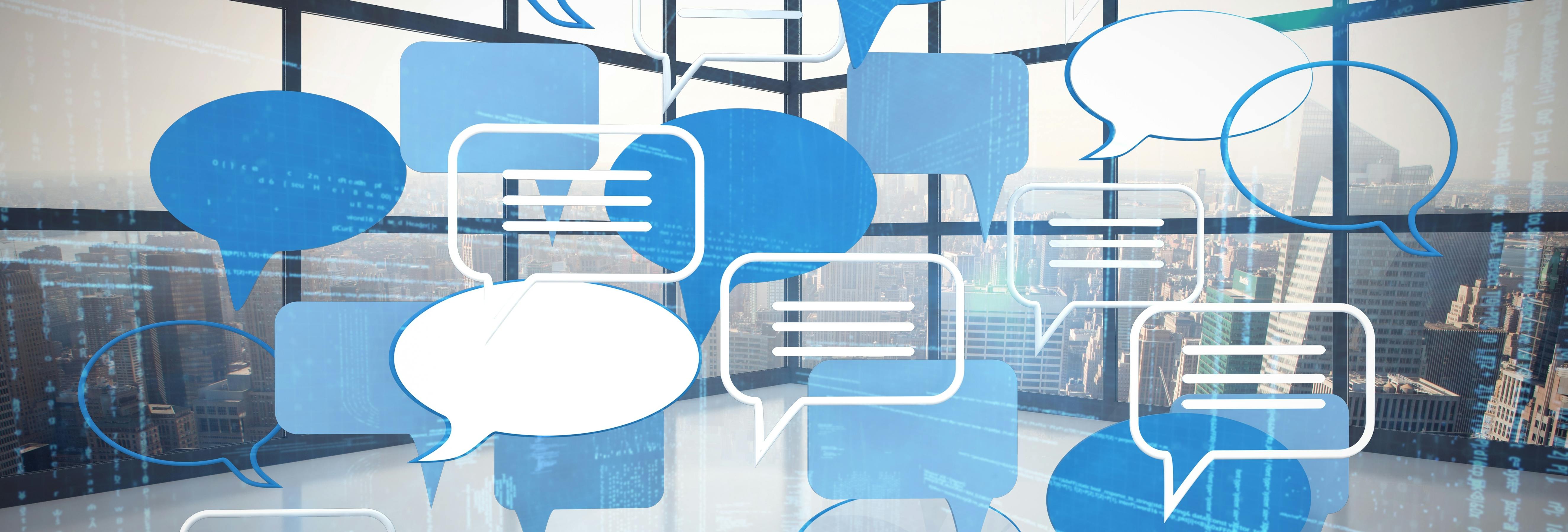 A modern office setting overlaid with various translucent, stylized speech bubbles.
