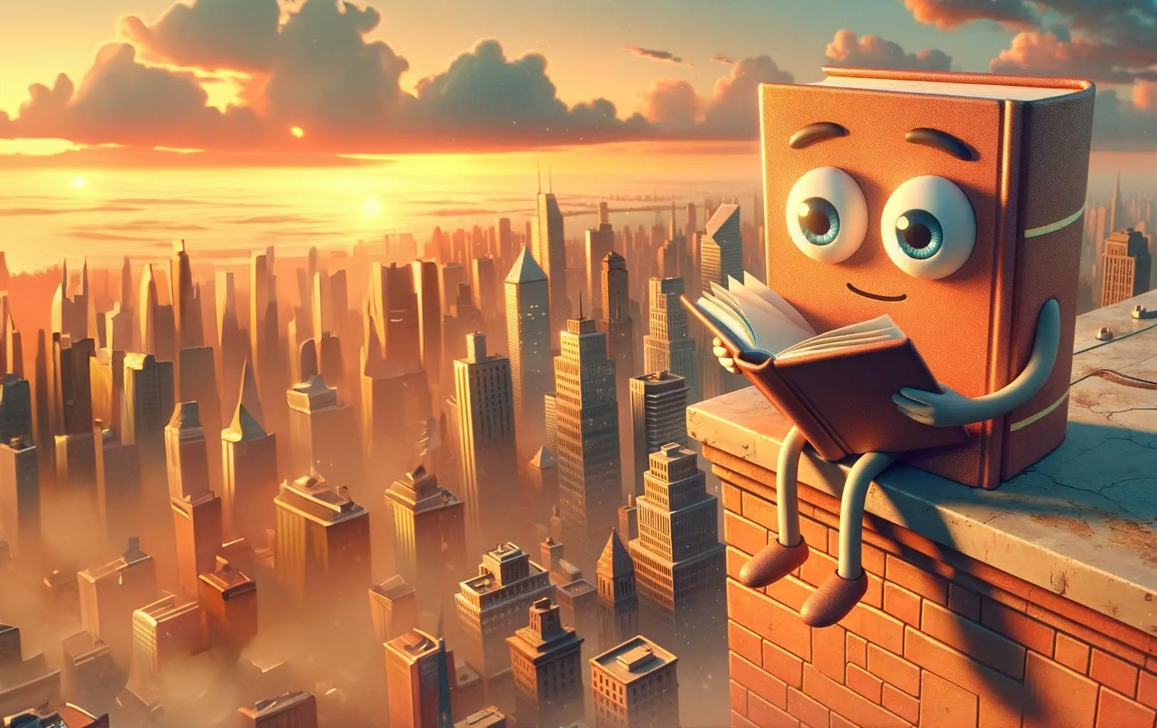 A cartoon book character reads a book while sitting at the edge of a building.