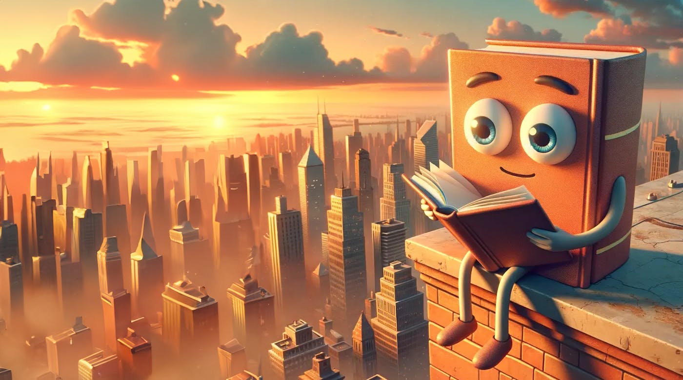 A cartoon book character reads a book while sitting at the edge of a building.