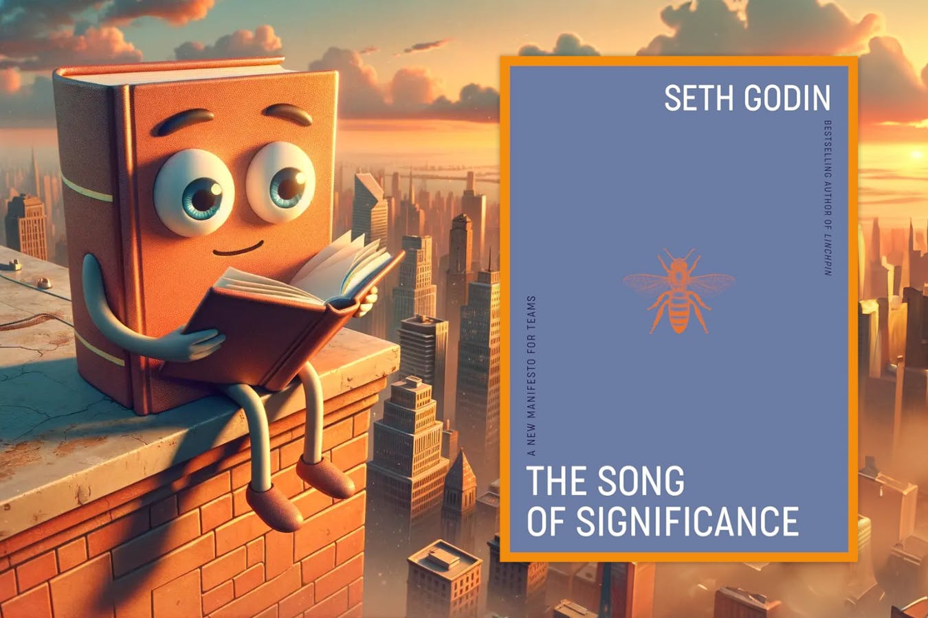 A cartoon book character (L), The Song of Significance by Seth Godin (R)