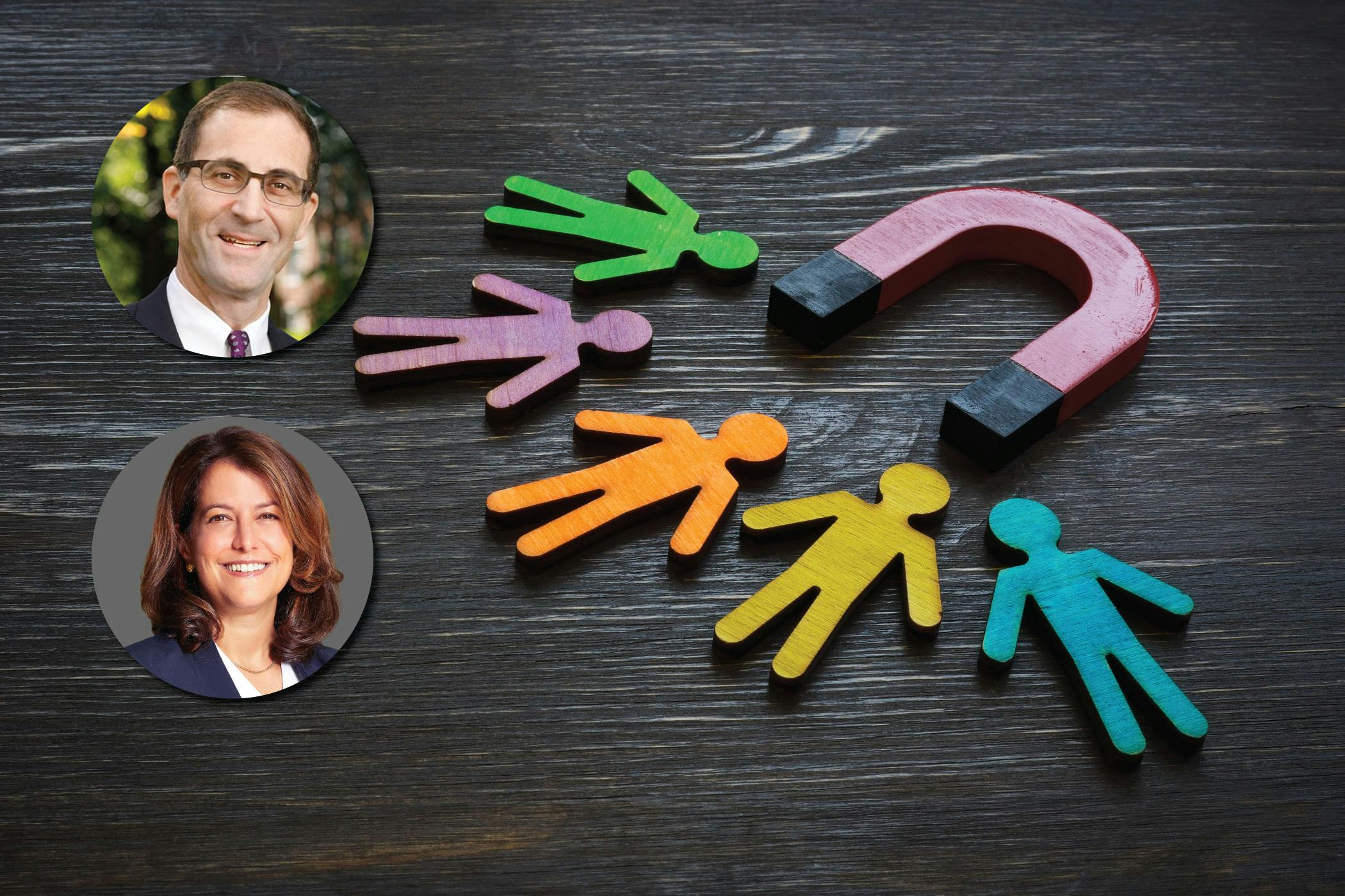 Joshua Margolis, Rachel Kay, and a stock image of a magnet attracting human figurines