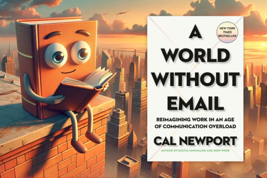 A cartoon book character (L), A World Without Email by Cal Newport (R)