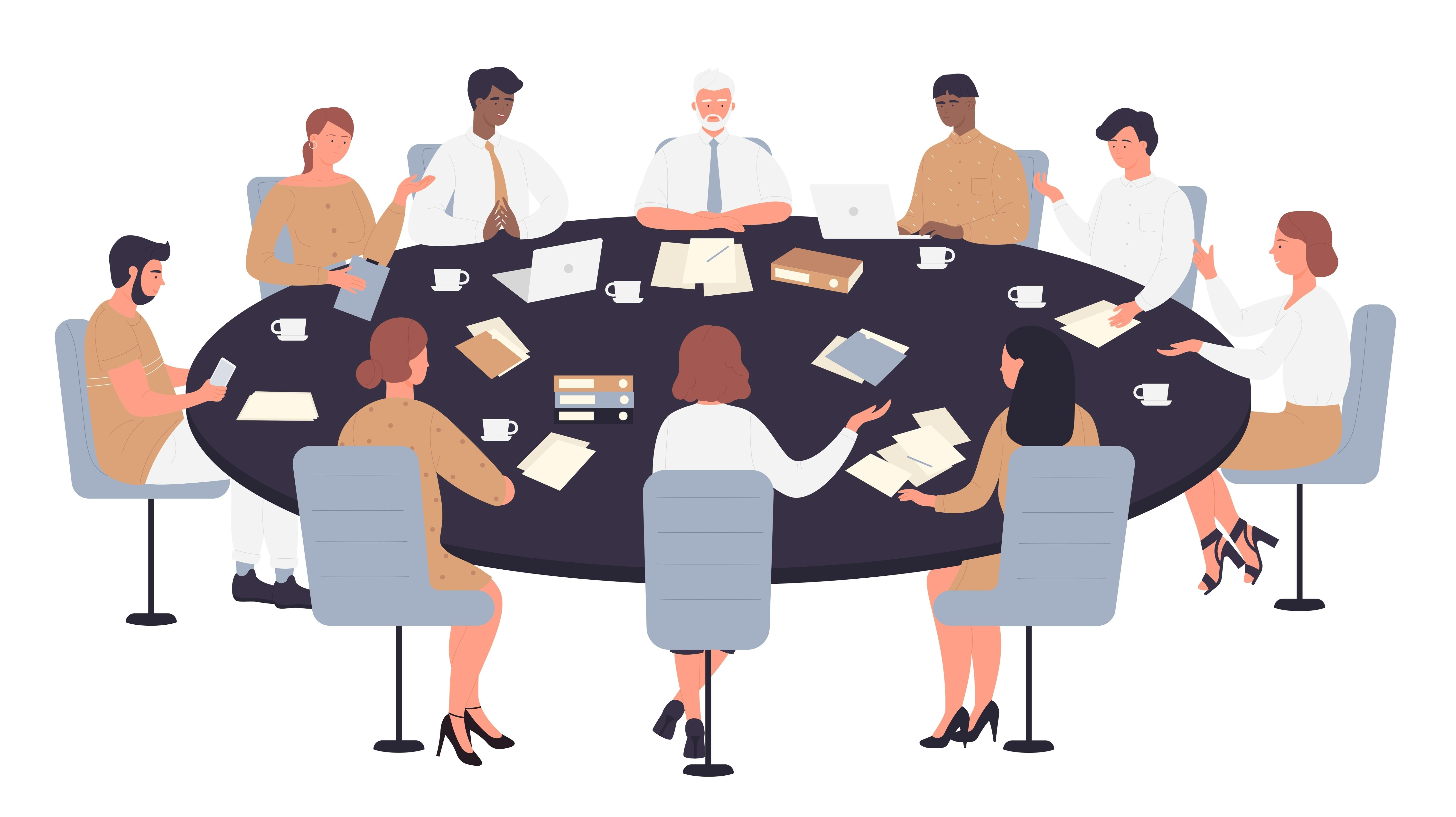 Graphic of employees talking around a table
