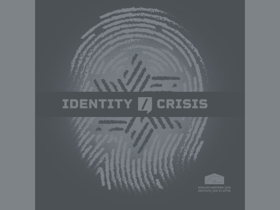 Text: Identity/Crisis podcast, Shalom Hartman Institute Image: Star of David overlaying a fingerprint