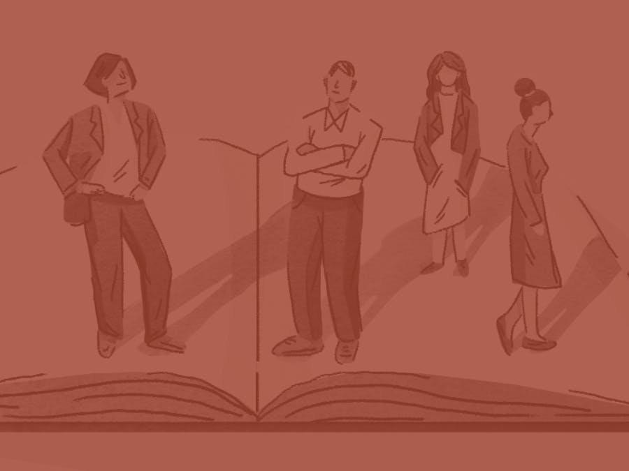 Graphic of employees standing on an open book.