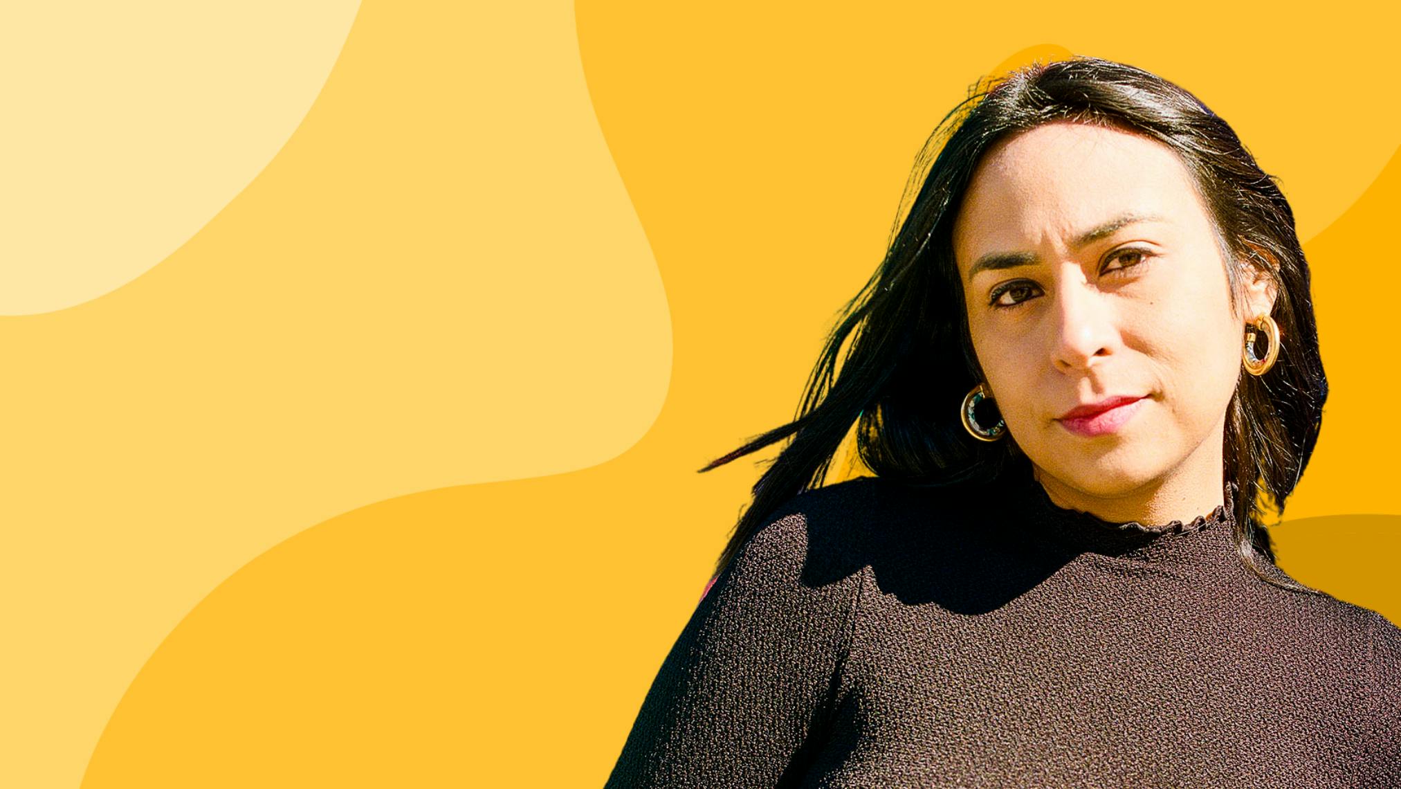 Headshot of Alexandra Corwin over an orange background