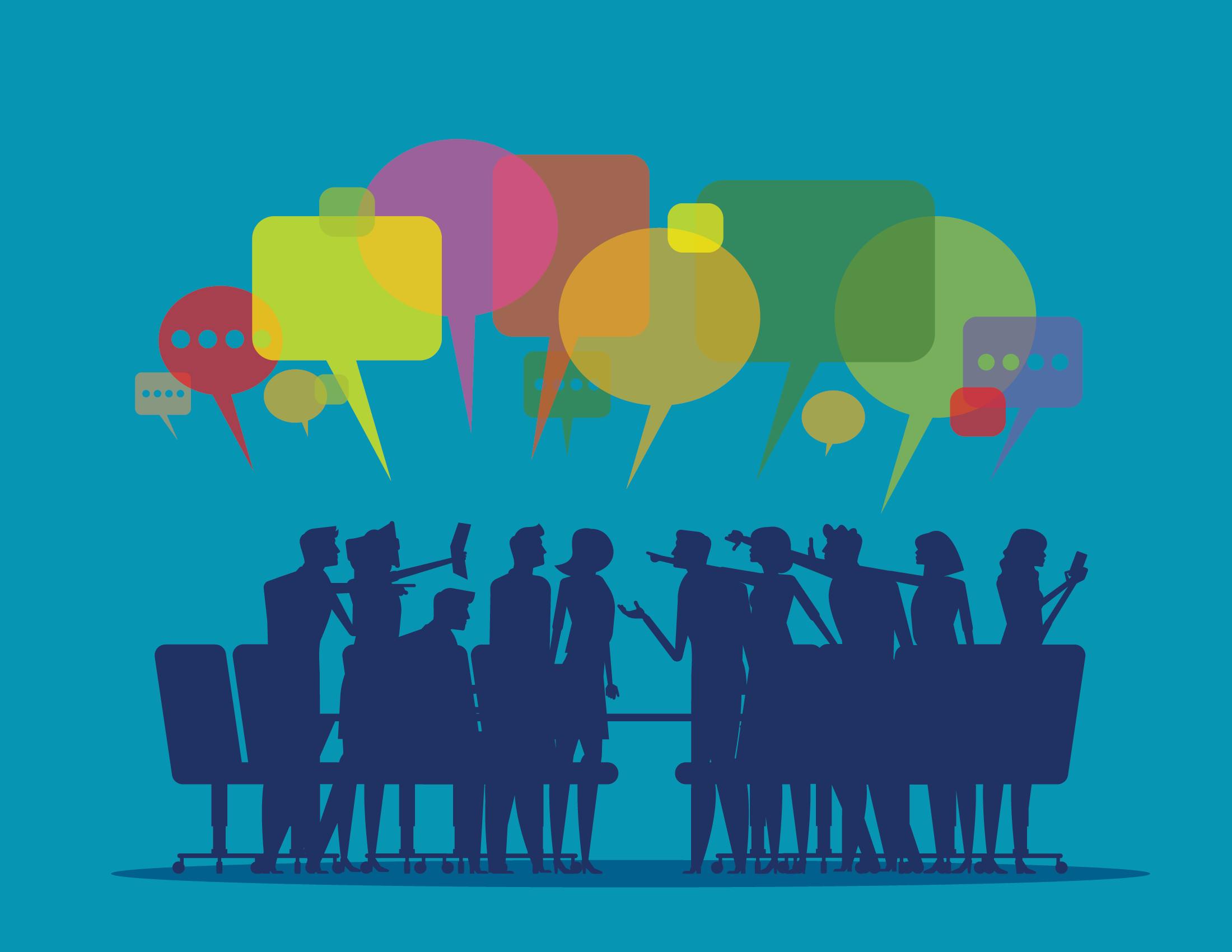 Illustration of speech bubbles above people in a meeting.