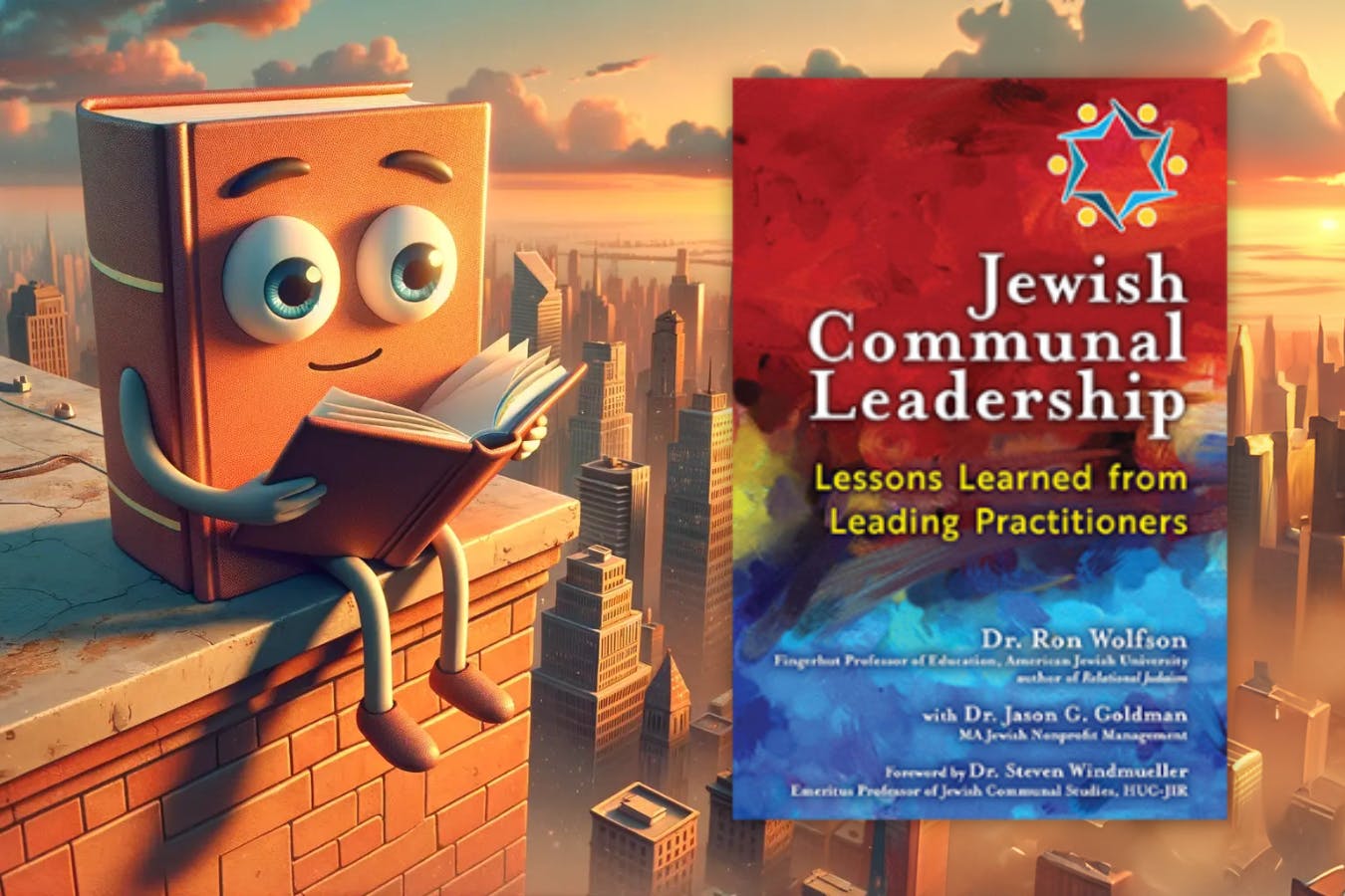 A cartoon book character (L), Jewish Communal Leadership by Dr. Ron Wolfson with Dr. Jason G. Goldman (R)