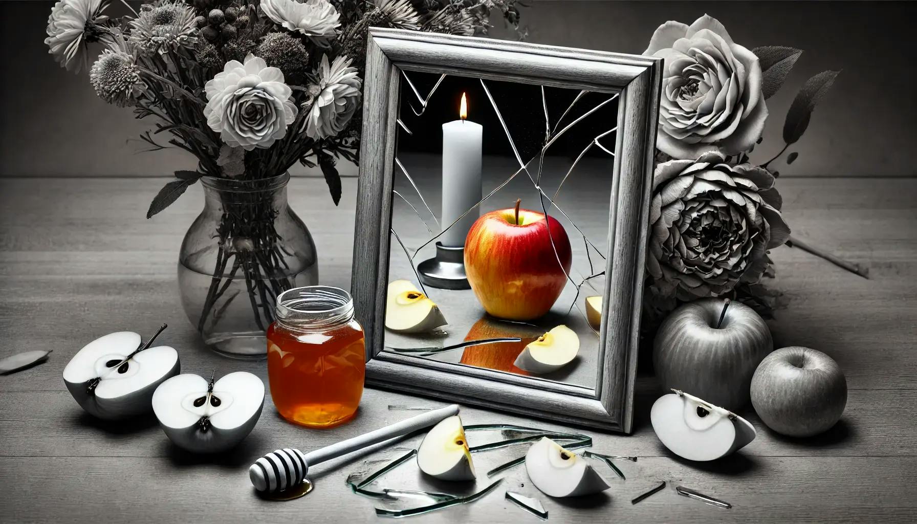 A shattered picture frame shows a lit candle and a red apple, set against a backdrop of grey-scaled items including roses, sliced apples, and a jar of honey. 