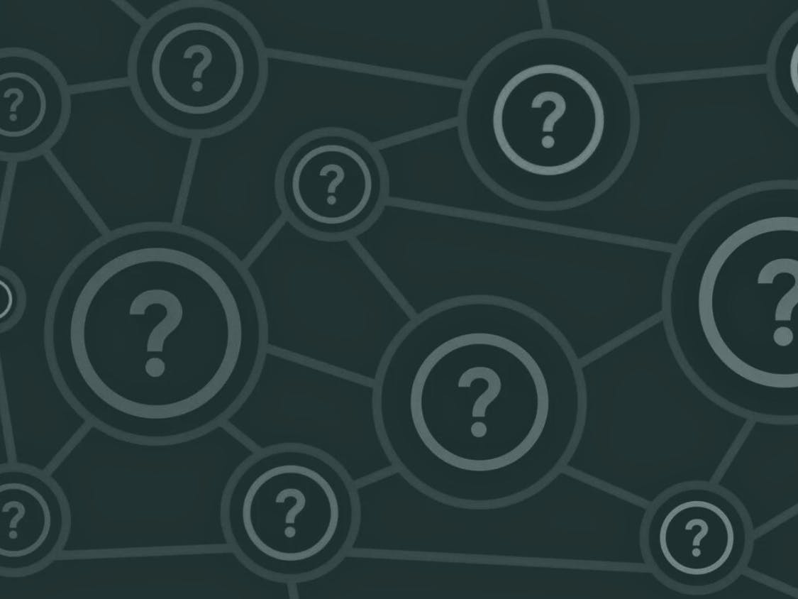 Illustration of a network of circular nodes containing question marks, on a dark background.