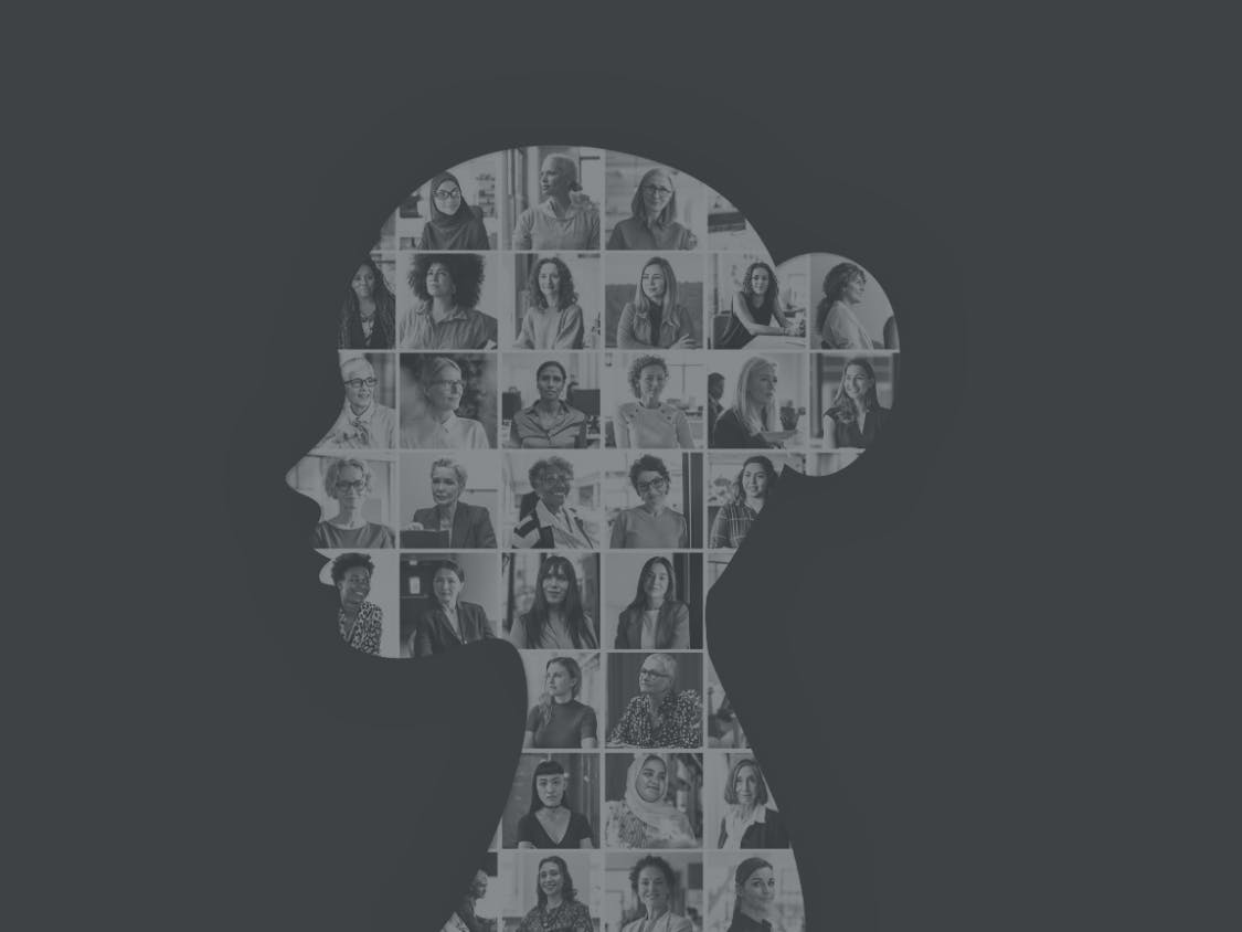 A silhouette of a woman's head and shoulders is seen, filled with a collage of portrait photographs of many different women.