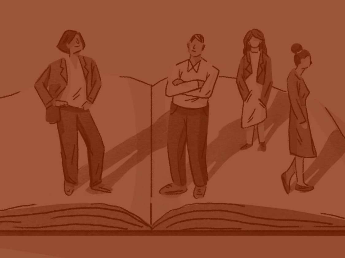 Illustration of four office workers standing on an open book.