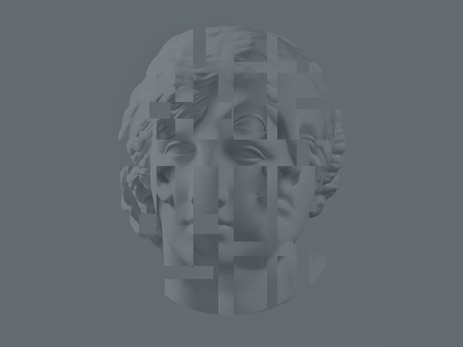 Artwork of a classical sculpture is seen with its form segmented by geometric shapes.