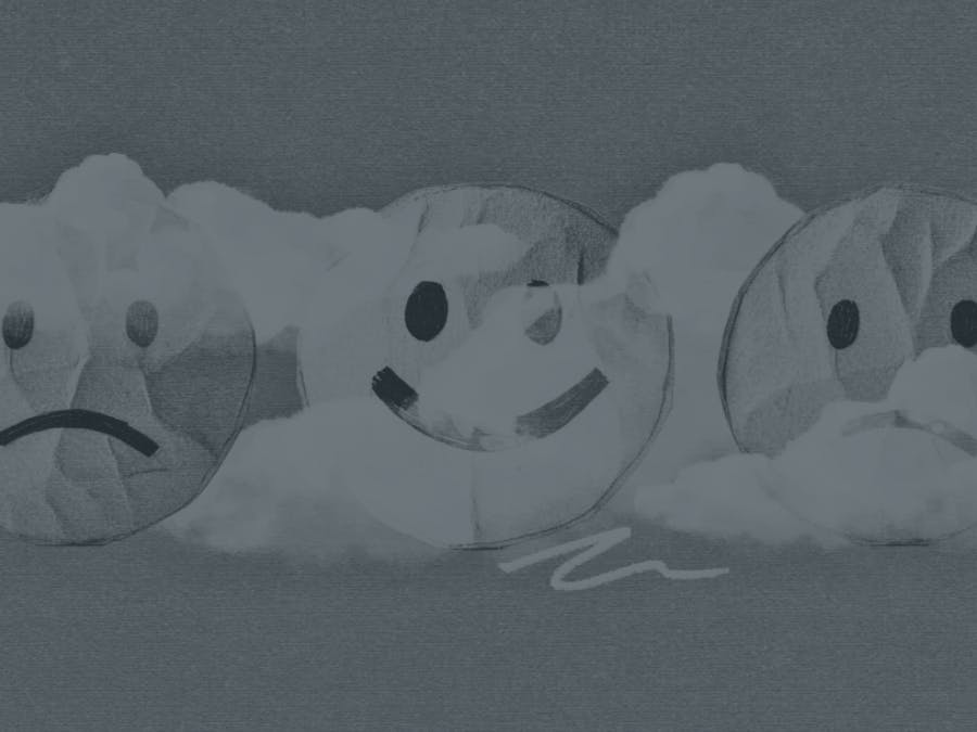 Three emotive cloud illustrations with faces depict different emotions — sad, happy, and another sad expression.