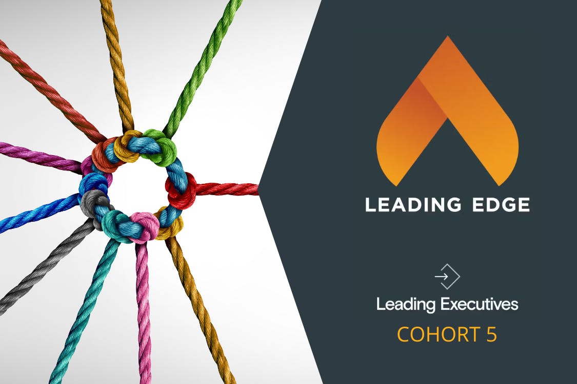 Multi-colored ropes are tied together at the center, complemented by a graphic section featuring the "Leading Edge" logo along with text that reads "Leading Executives COHORT 5."