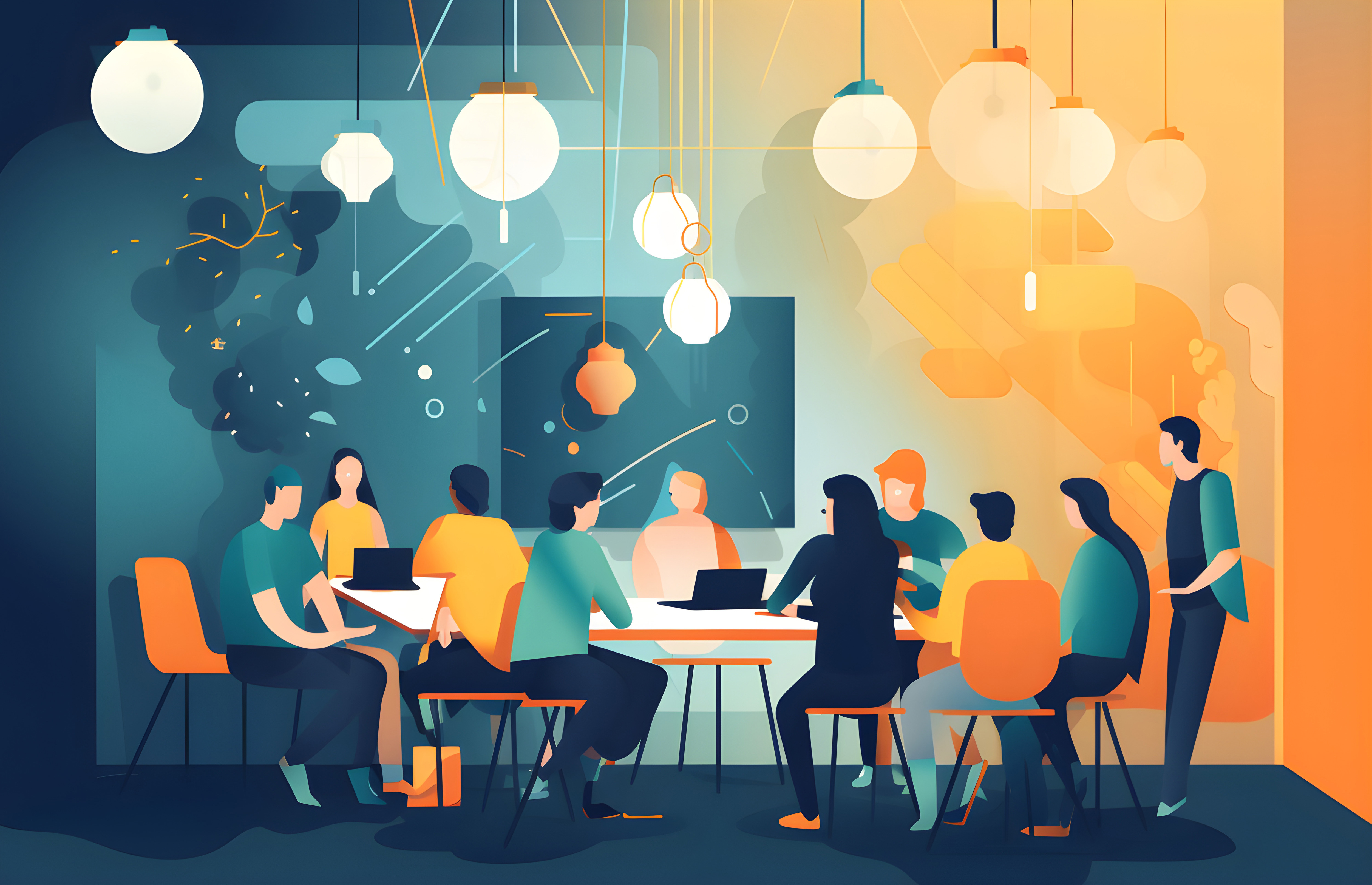An illustration shows a group of people in a collaborative workspace.