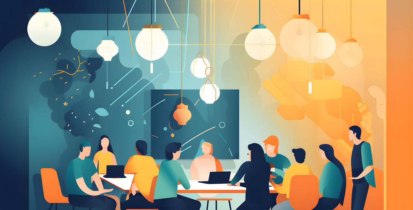 An illustration shows a group of people in a collaborative workspace.