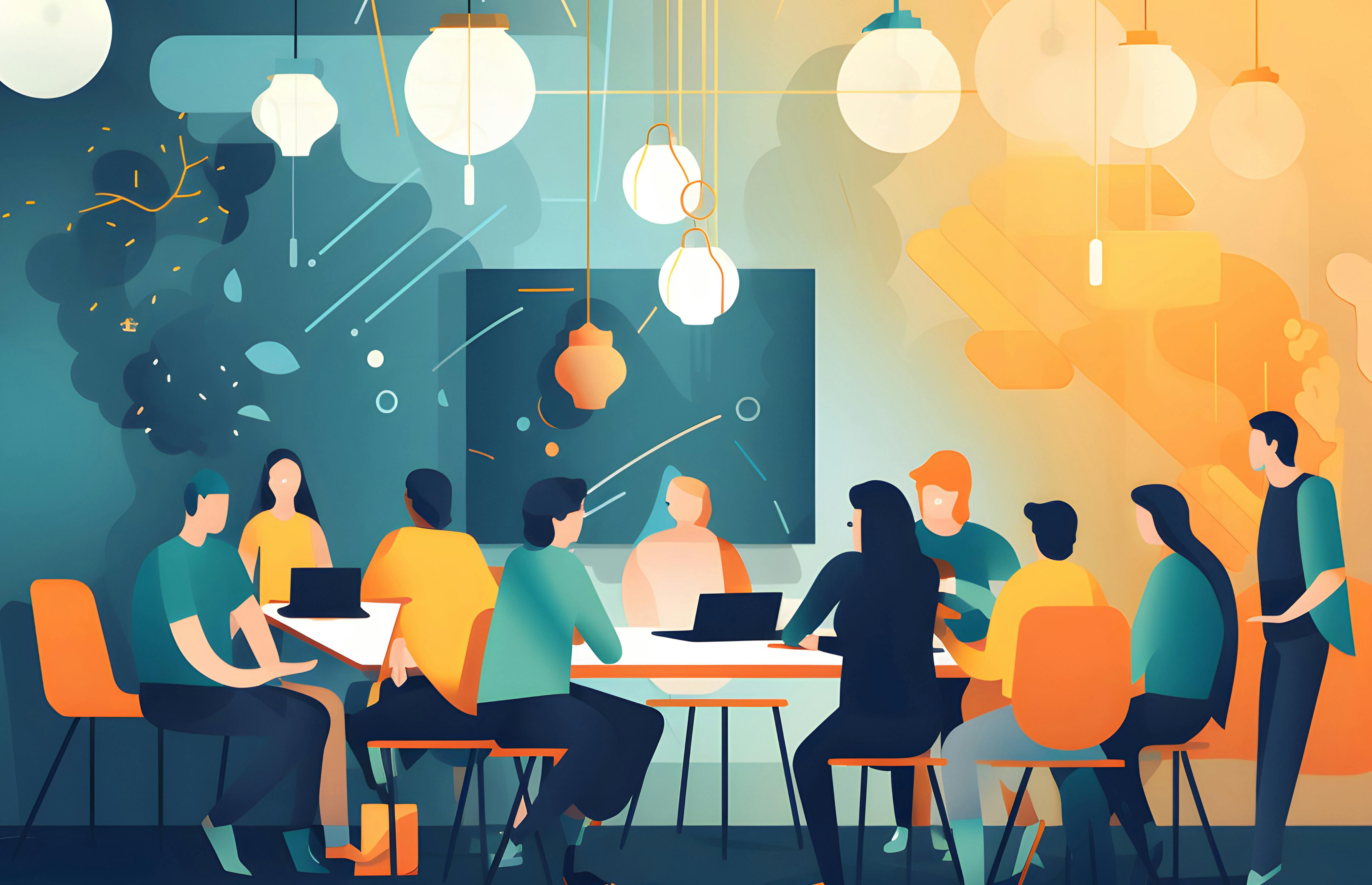 An illustration shows a group of people in a collaborative workspace.
