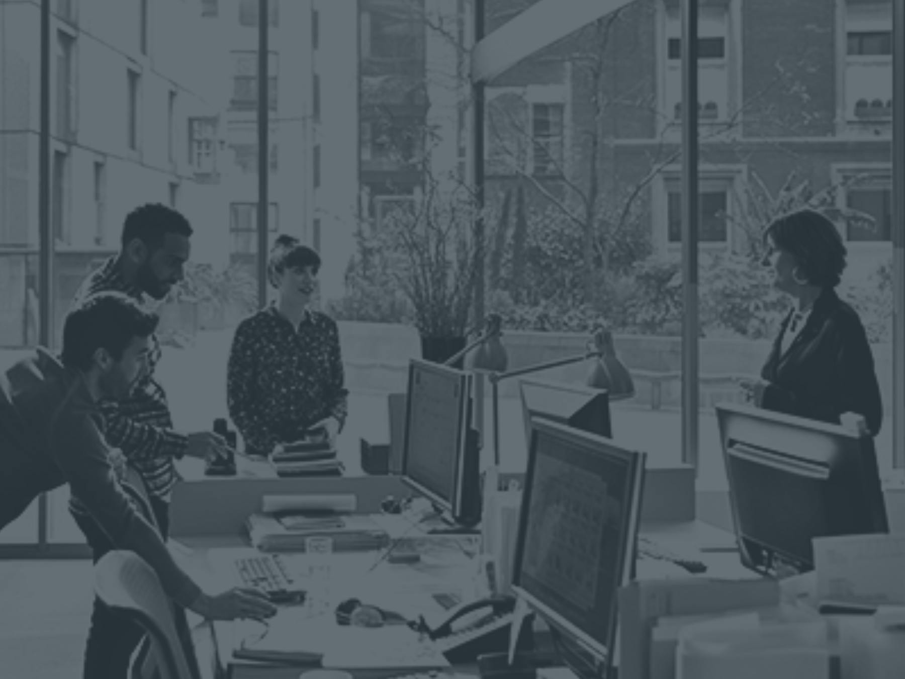 A team collaborates in a modern office space with large windows and computer workstations.