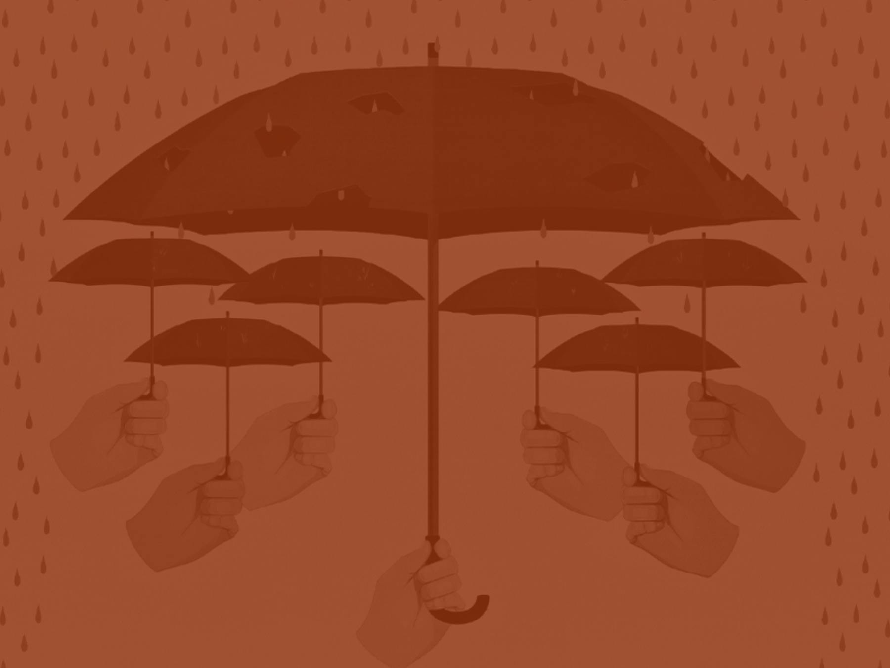 Illustration of multiple hands holding small umbrellas, all positioned underneath a single, much larger umbrella.