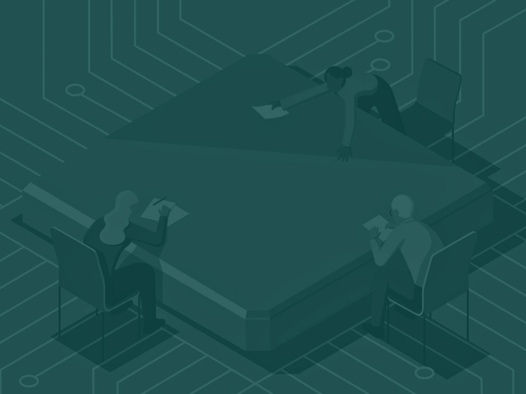 Illustration of board members seated around a triangular table, with circuit-like patterns on the floor.