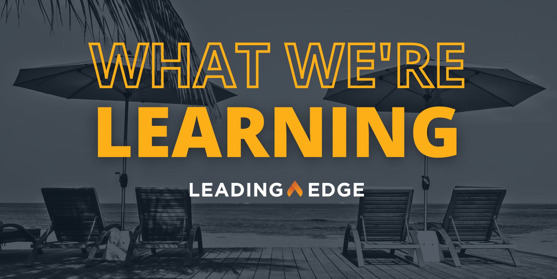 Background image of four lounge chairs under beach umbrellas, text reads: What We're Learning, Leading Edge.