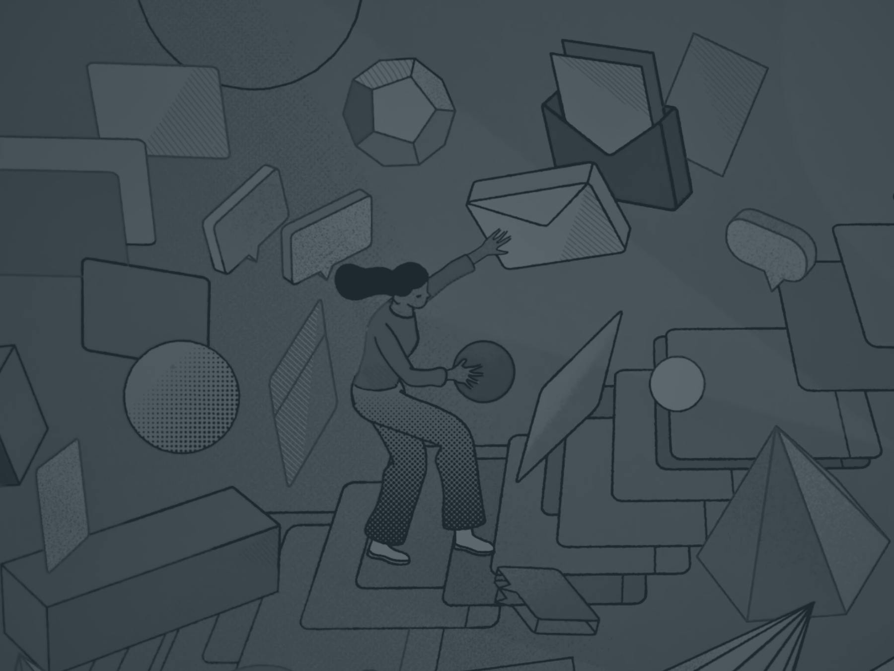 Illustration of a person overwhelmed by abstract representations of digital tasks — emails, messages, and documents.