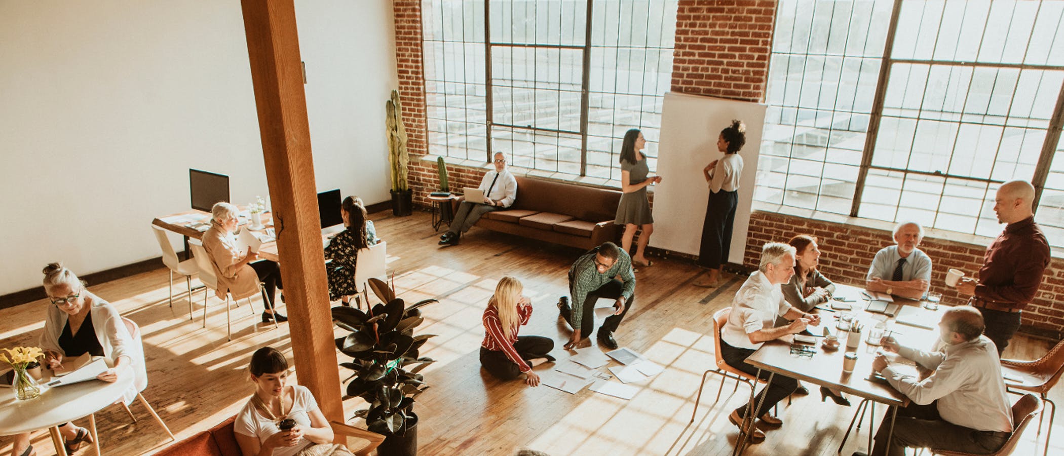 A team of employees hold various discussions.