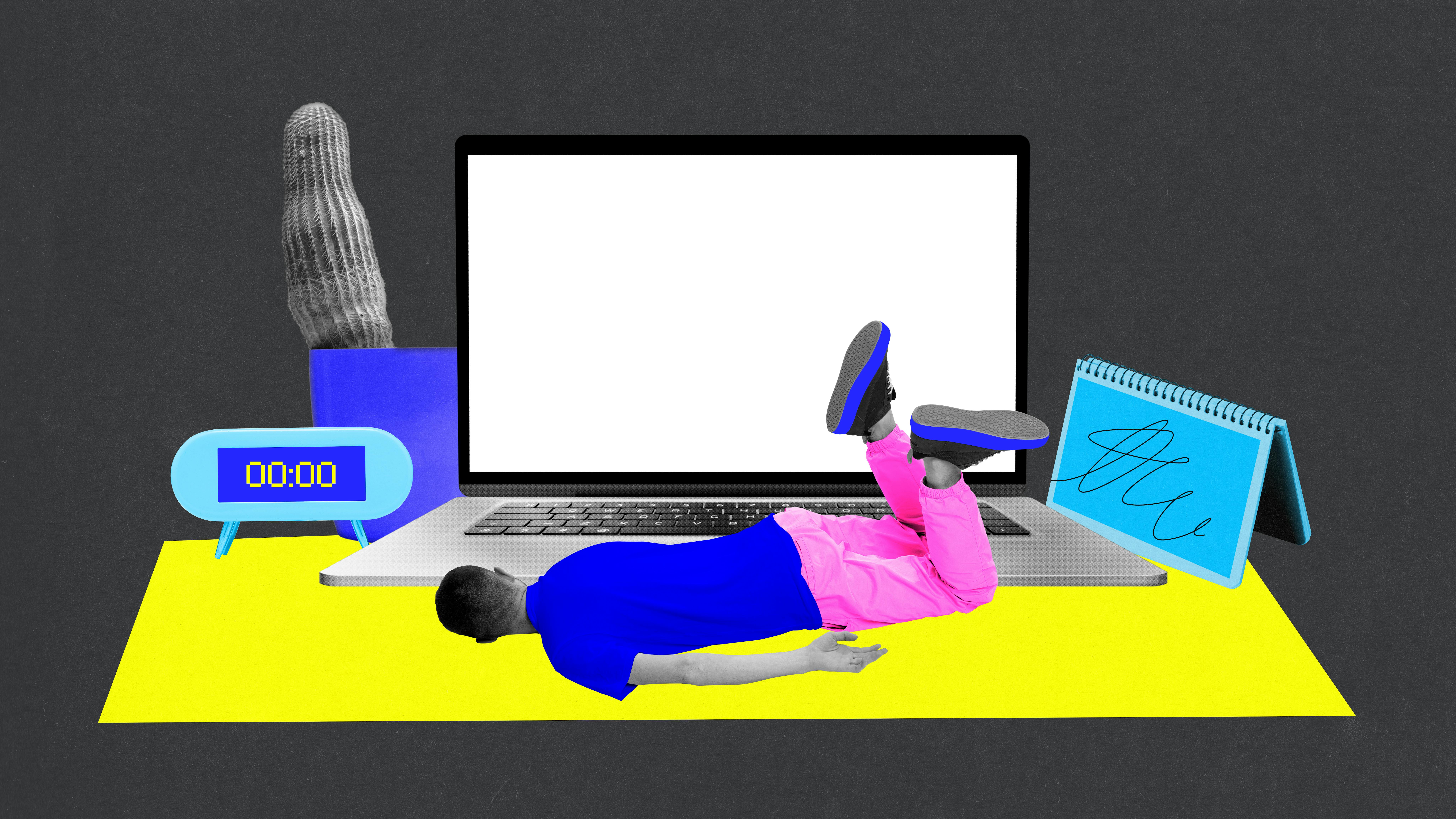 Surreal collage of a person lying face-down on a laptop keyboard with legs sticking up, surrounded by a cactus, clock, and calendar.