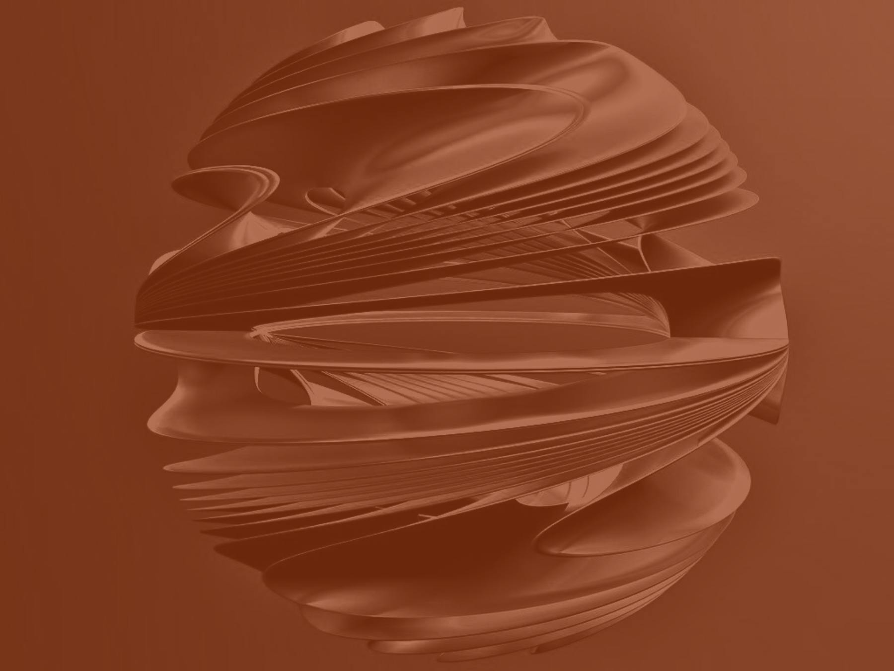 Abstract 3D sculpture made of layered, curved metallic shapes forming a spherical design.