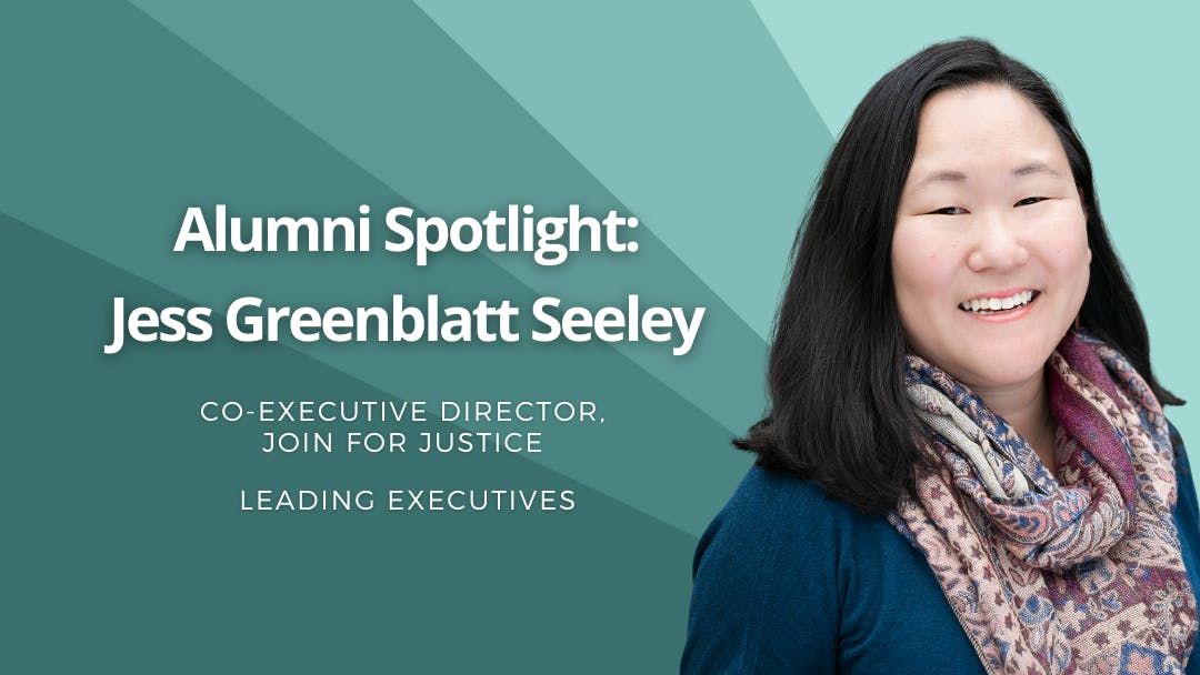 Alumni Spotlight graphic featuring Jess Greenblatt Seeley with her name, title, and program affiliation on a teal background.