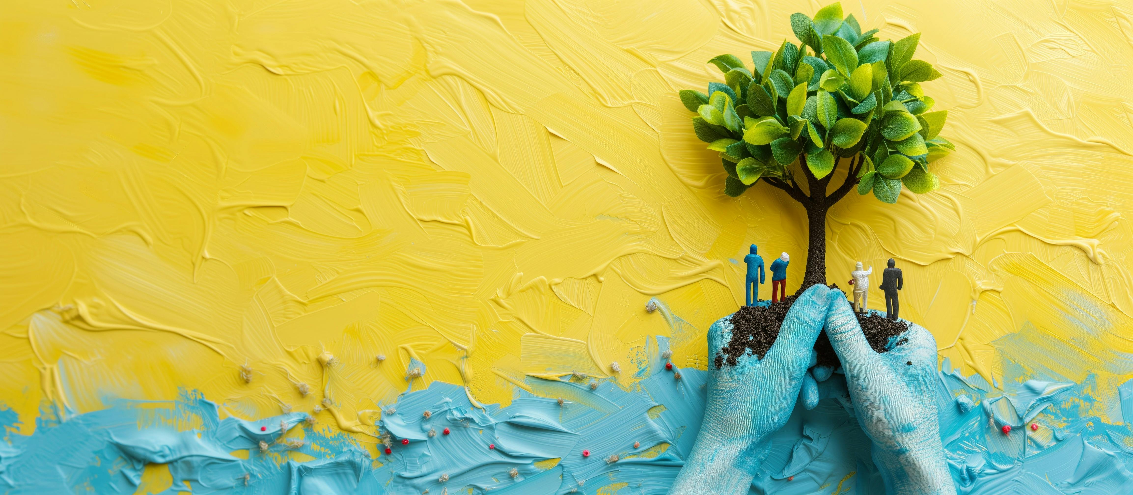 A pair of large blue-painted hands holds a mound of soil with a leafy green tree growing from it. Four tiny human figurines stand around the tree.